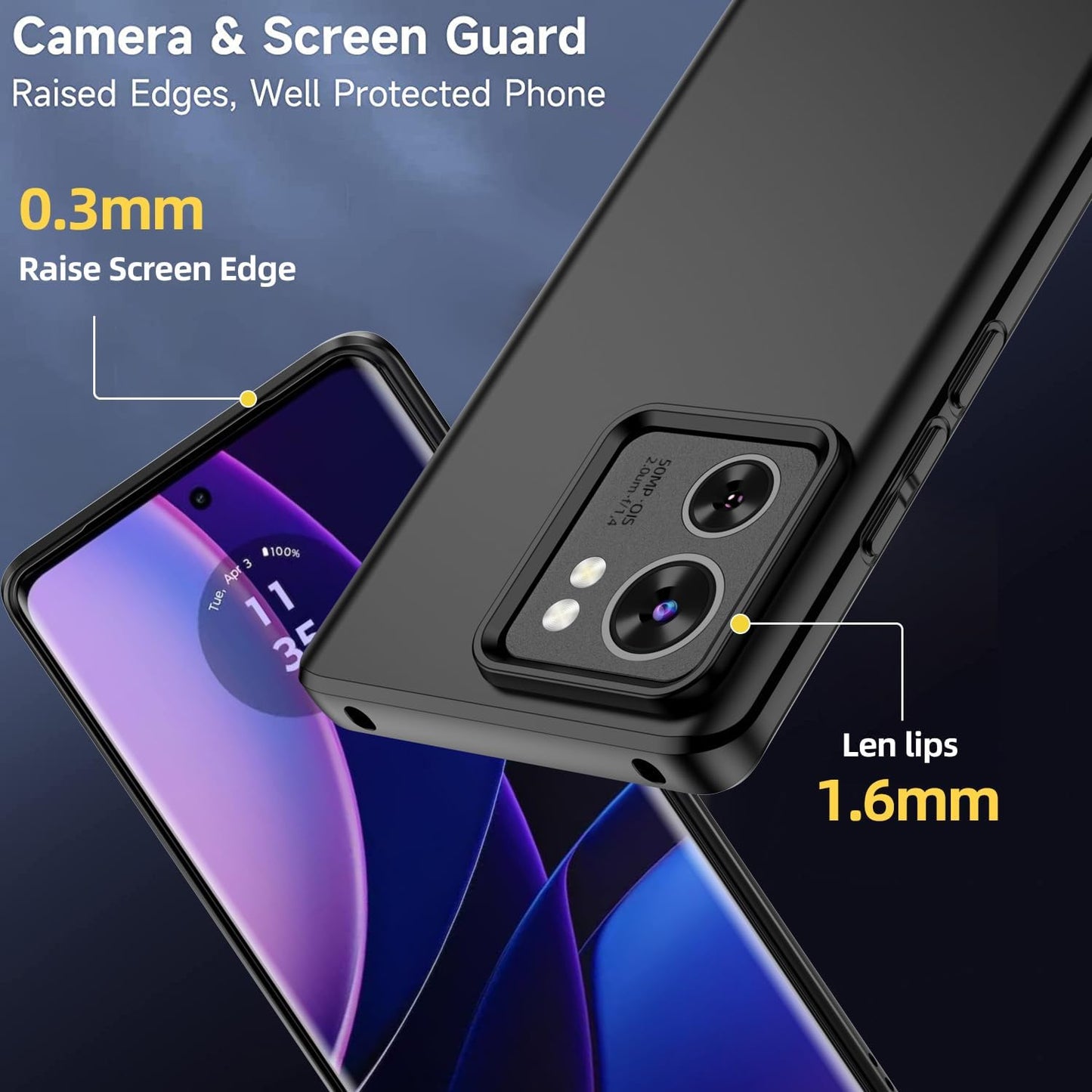 for Motorola Moto Edge 2023 Case and 1 Pack Tempered Glass Screen Protector, Slim Silicone Shockproof Protective Case Cover - Black