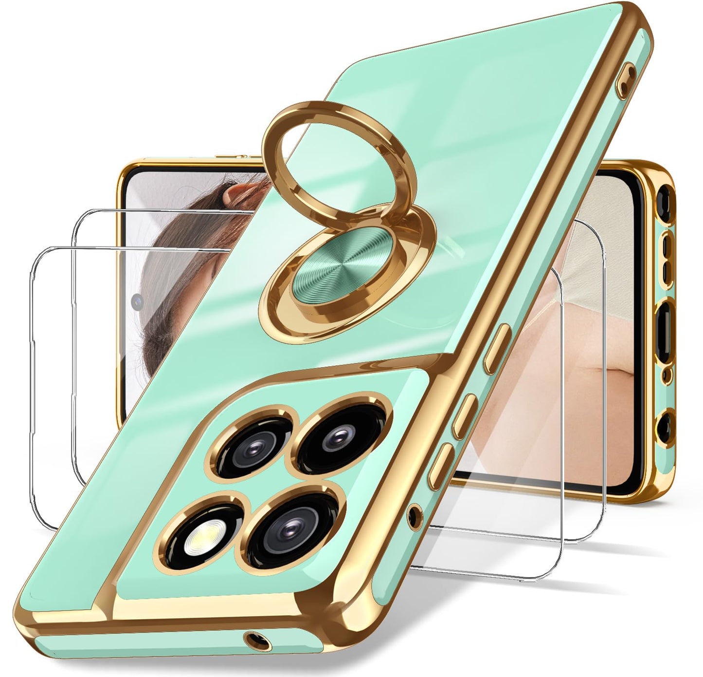 Dretal for Moto G Stylus 5G 2024 Case, 2X Screen Protector, 360° Rotatable Ring Holder Magnetic Kickstand,Plated Gold Edge Slim Soft TPU Protective Cover for Motorola G Stylus 5G (Purple)