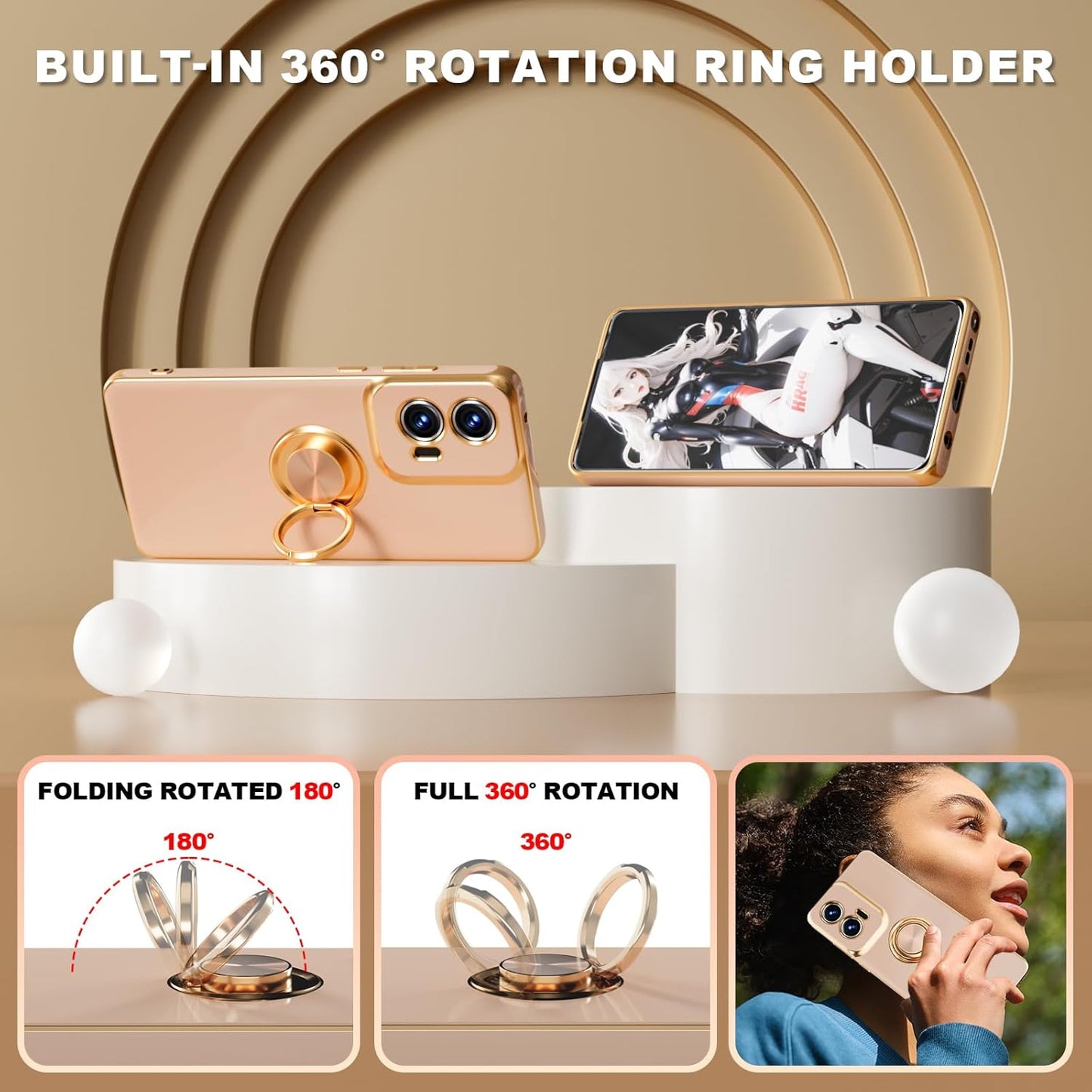 for Moto G Stylus 5G 2024 Case,with Screen Protector, Built-in 360° Rotation Ring Magnetic Kickstand, Plating Gold Edge Soft TPU Shockproof Protective Case for Moto G Stylus 5G 2024 (Pink)