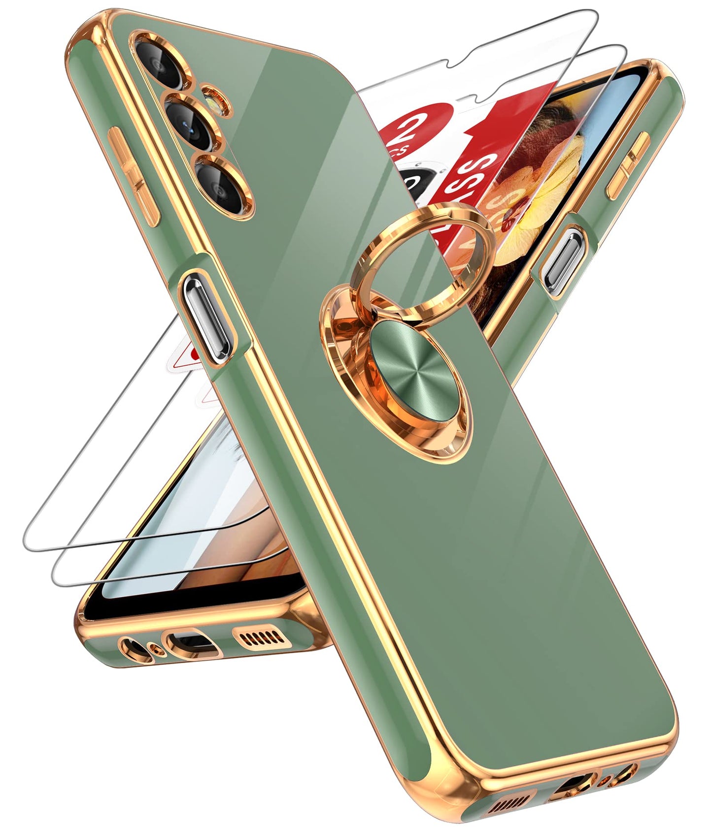 LeYi for Samsung Galaxy A13-5G Phone Case: Tempered Glass Screen Protector, 360° Rotatable Ring Holder Magnetic Kickstand, Plating Rose Gold Edge Protective Case, Black