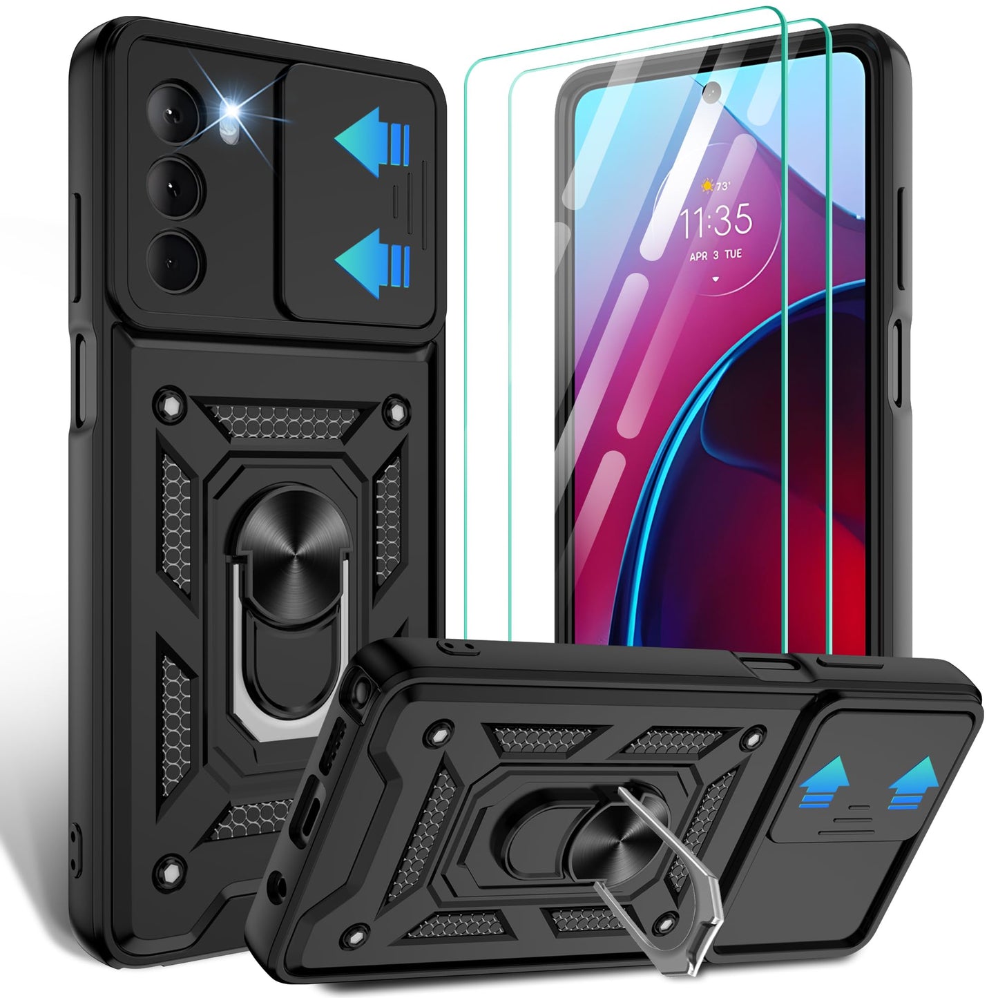 Gritup for Moto G Stylus 5G-2023 Case with Slide Camera Cover | 2-Pack HD Screen Protectors | 360° Rotating Metal Kickstand | MIL-Grade Shockproof Protection,Black