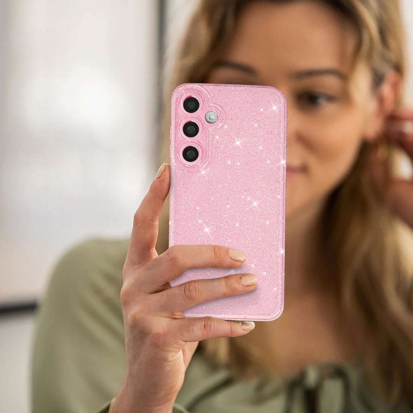 for Samsung Galaxy S24 Plus/ S25 Plus Phone Case Glitter Sparkly, Girly Cute Bling Glittery Sparkle, Shiny Shimmer Glossy Jelly Bright Silicone Slim Case for Women & Camera Cover, Light Pink