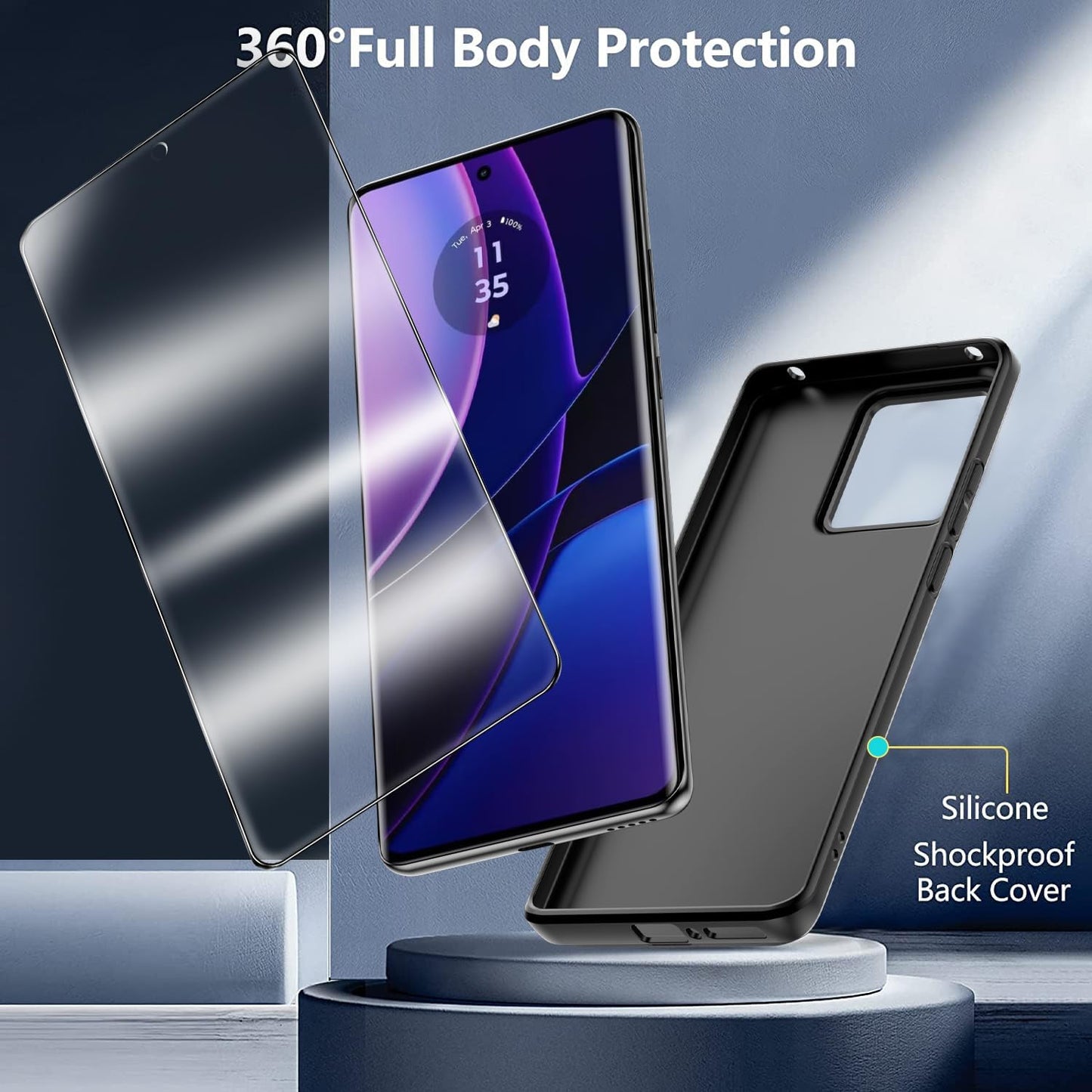 for Motorola Moto Edge 2023 Case and 1 Pack Tempered Glass Screen Protector, Slim Silicone Shockproof Protective Case Cover - Black