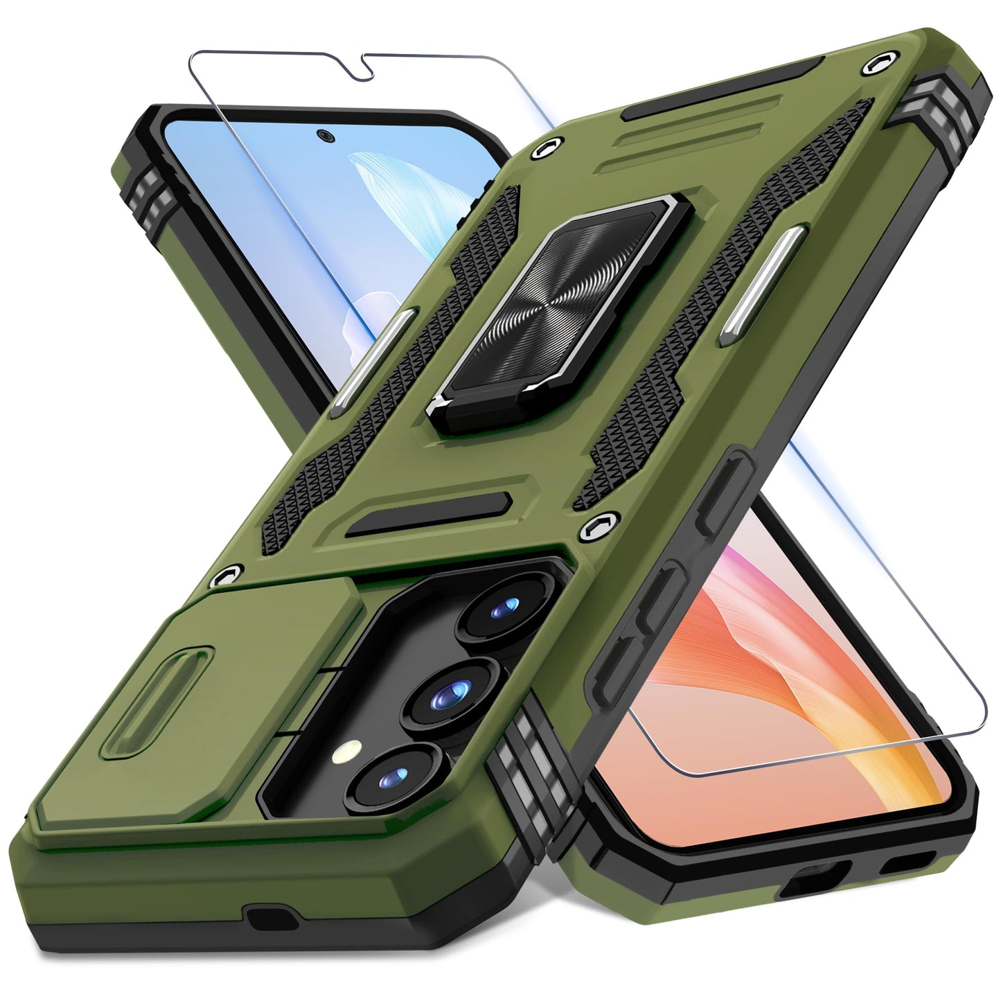 DEERLAMN Case for Samsung Galaxy S23 FE 6.4-Inch with Slide Camera Cover+Screen Protector(1 Pack),Rotated Ring Kickstand Military Grade Shockproof Protective Cover-Black