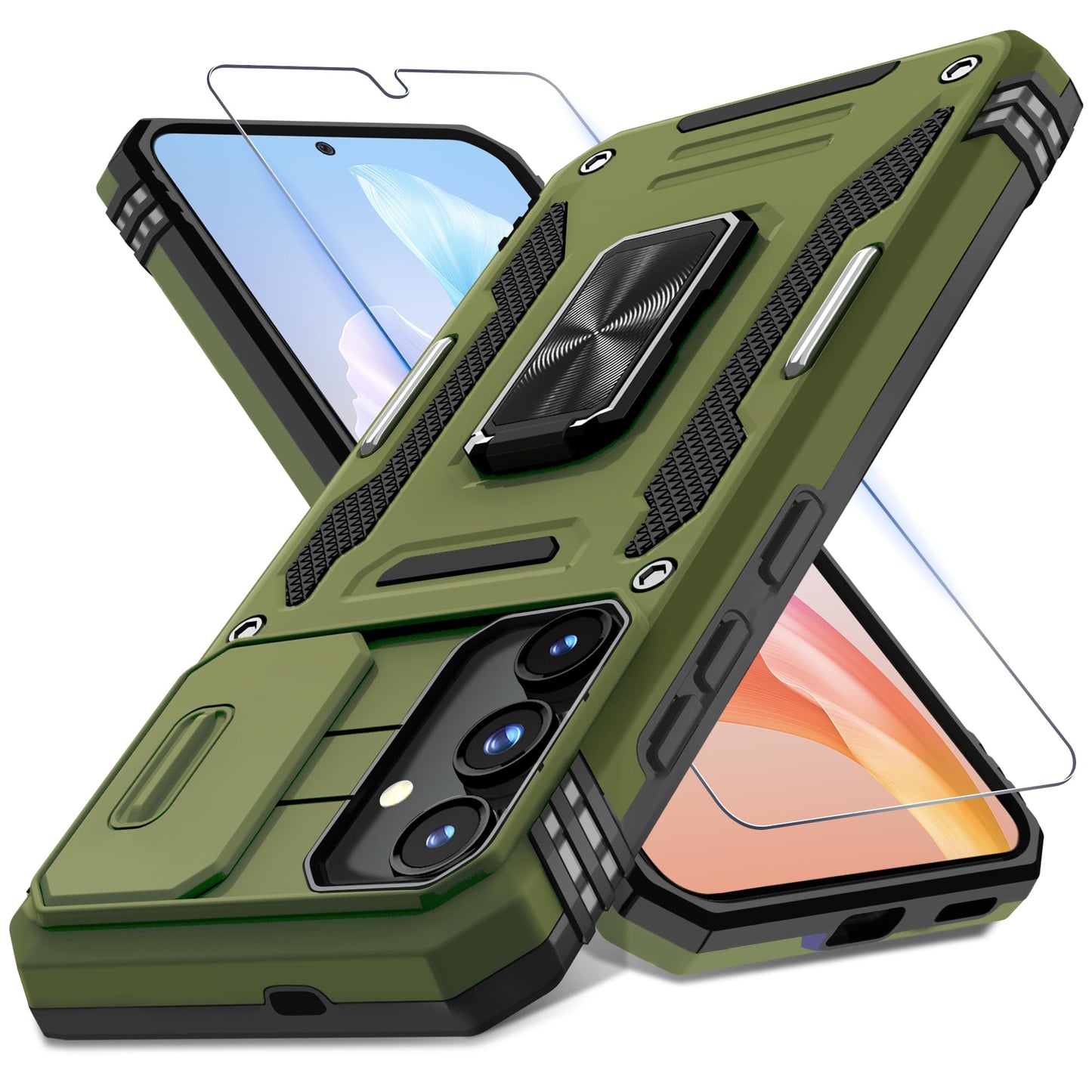 DEERLAMN Case for Samsung Galaxy S24+ Plus with Slide Camera Cover+Screen Protector (1 Pack), Rotated Ring Kickstand Military Grade Shockproof Protective Cover-Black
