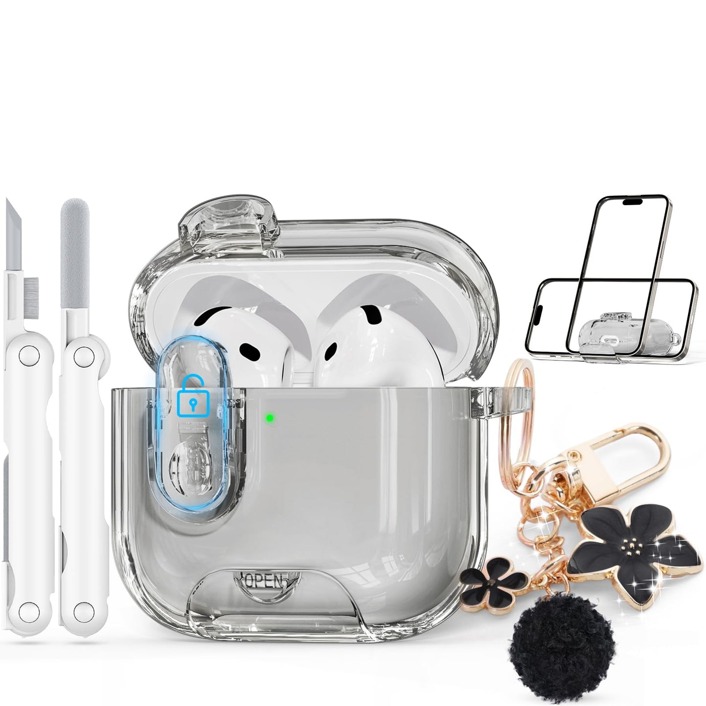 with Safety Lock for AirPods Pro 3 Case 2025,Clear Cases with Phone Stand & Cleaning Kit,Soft TPU Cover for Airpods Pro 3rd Generation Case,Cute Bling Keychain for Women Girls-Glitter Pink