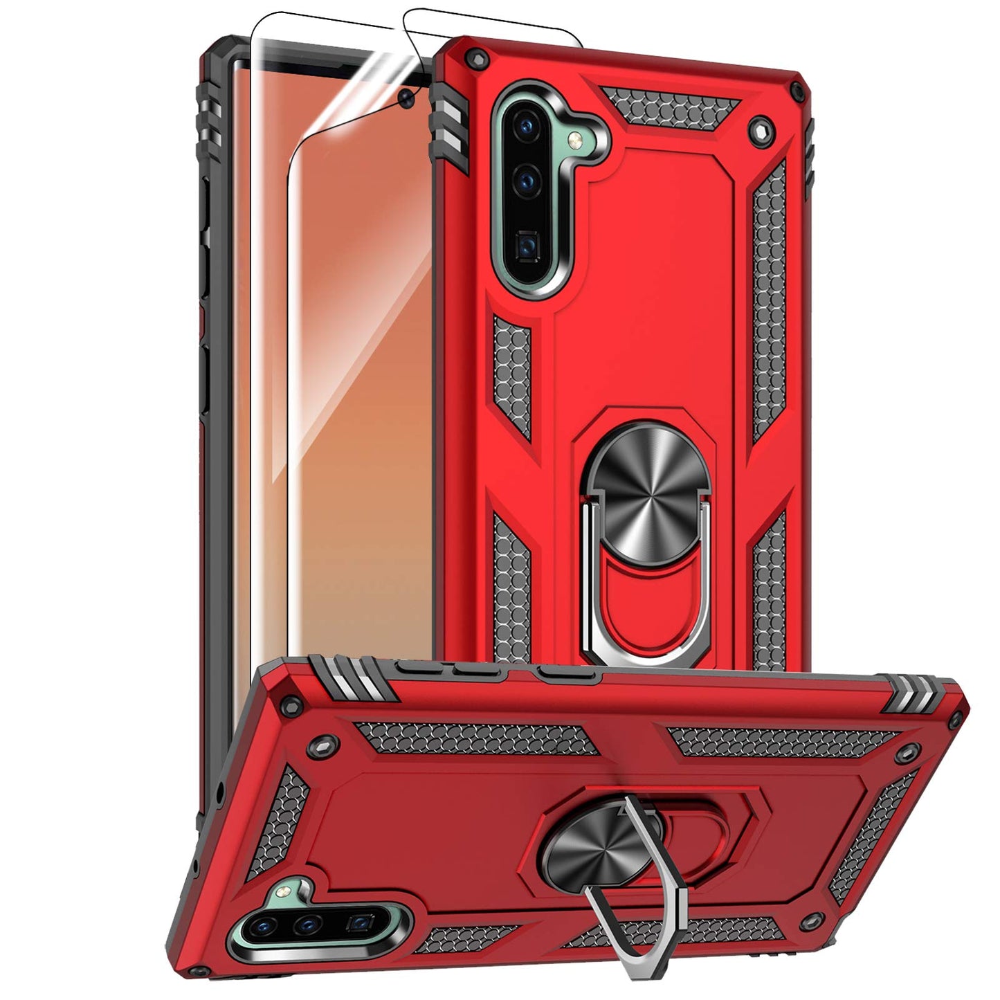 for Samsung Galaxy Note 10 Case, Note10 Case with HD Screen Protectors, Military-Grade Metal Ring Holder Kickstand 15ft Drop Tested Shockproof Cover Case for Samsung Note 10 (2019) Black