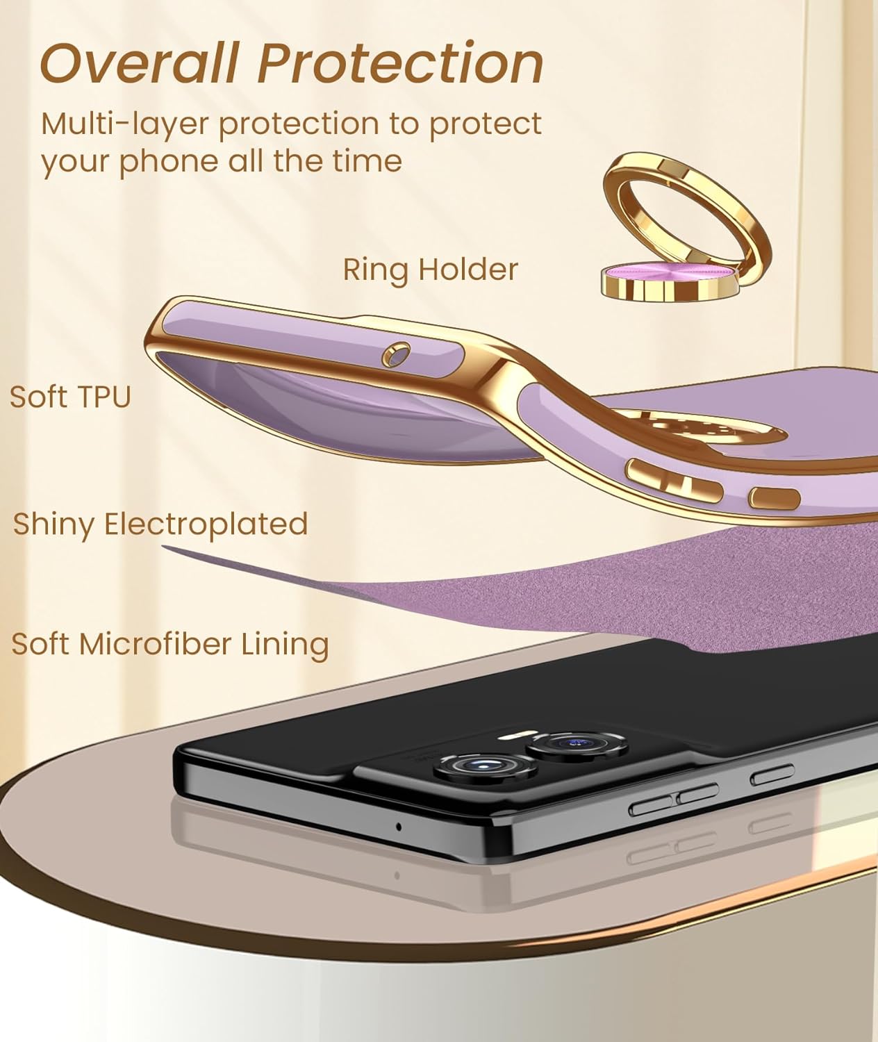 Dretal for Moto G Stylus 5G 2024 Case, 2X Screen Protector, 360° Rotatable Ring Holder Magnetic Kickstand,Plated Gold Edge Slim Soft TPU Protective Cover for Motorola G Stylus 5G (Purple)