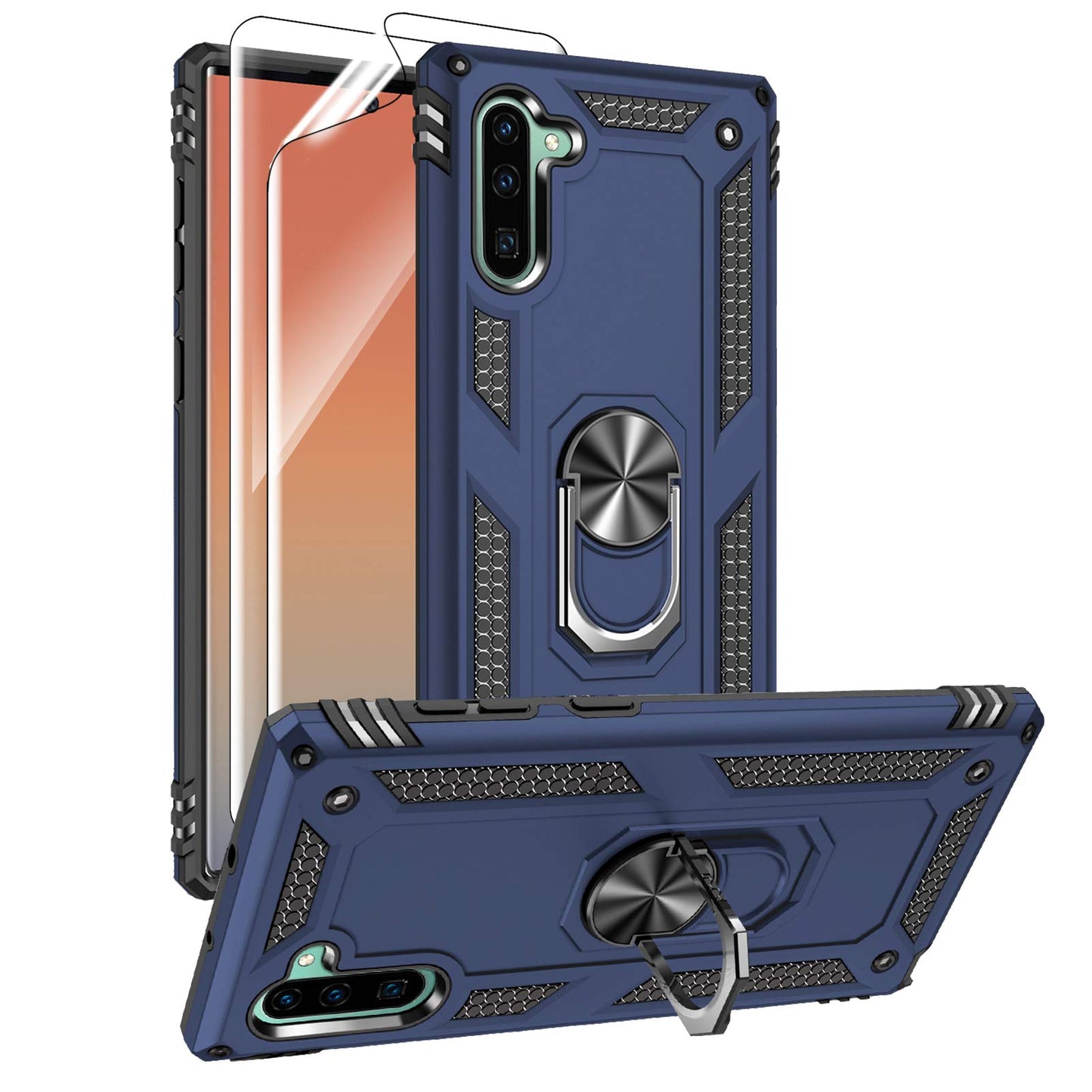 for Samsung Galaxy Note 10 Case, Note10 Case with HD Screen Protectors, Military-Grade Metal Ring Holder Kickstand 15ft Drop Tested Shockproof Cover Case for Samsung Note 10 (2019) Black