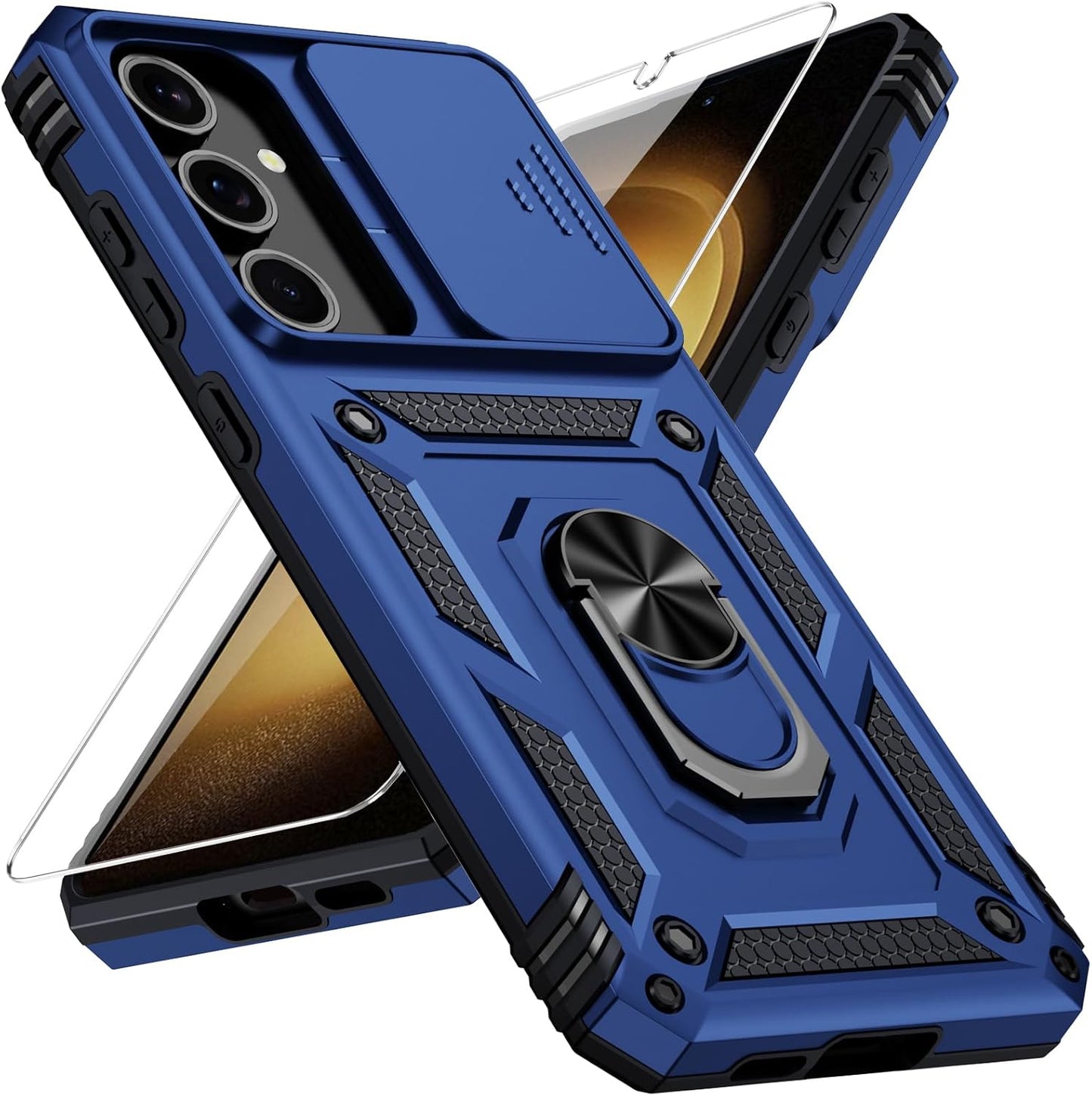 Weycolor for Samsung Galaxy S23 Plus Case with Camera Lens Cover, 10 FT Military Grade Drop Protection, Magnetic Ring Holder Kickstand Protective Phone Case, Navy Blue