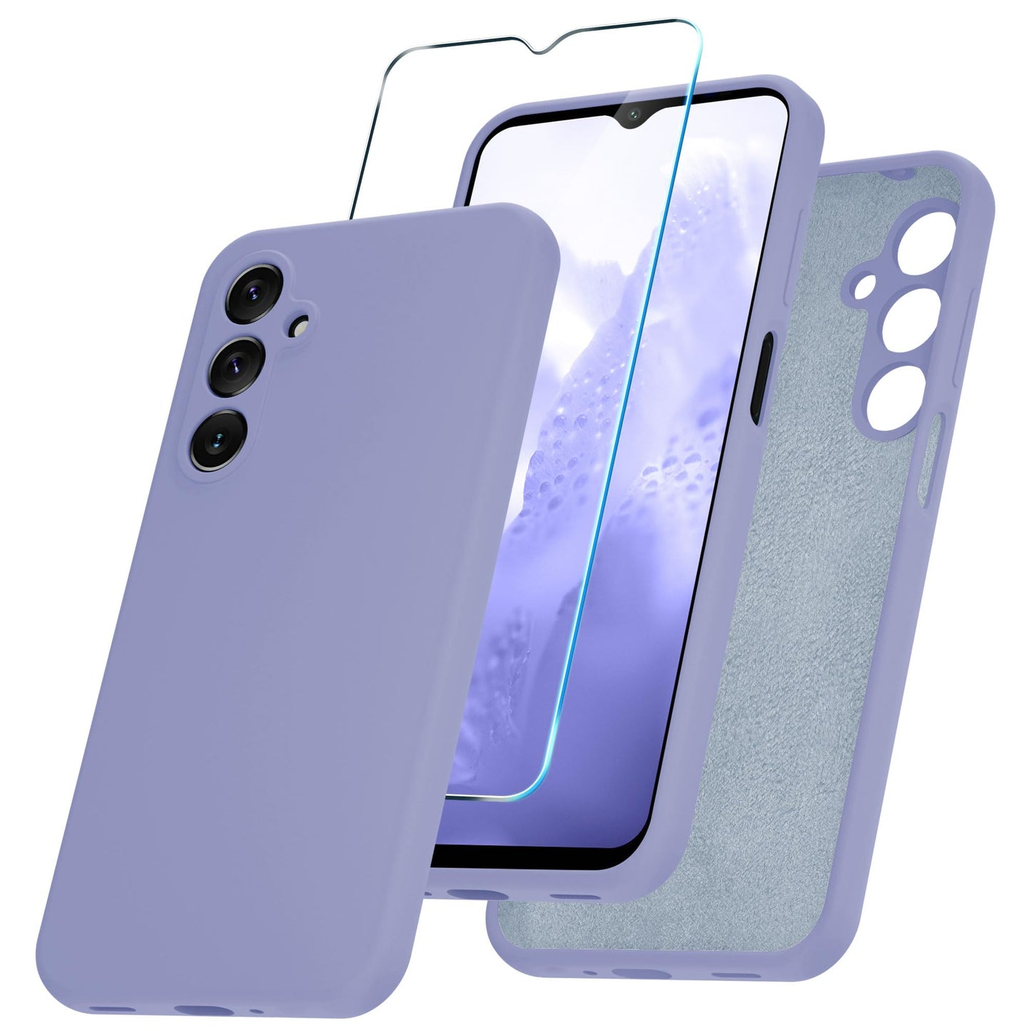 for Samsung Galaxy A15 5G Case, Silicone Phone Case with 1 Screen Protector, Soft Anti-Scratch Microfiber Lining, Full Body Shockproof Slim Cover, Lavender Purple