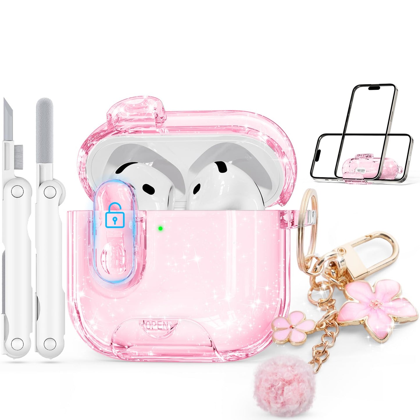 with Safety Lock for AirPods Pro 3 Case 2025,Clear Cases with Phone Stand & Cleaning Kit,Soft TPU Cover for Airpods Pro 3rd Generation Case,Cute Bling Keychain for Women Girls-Glitter Pink