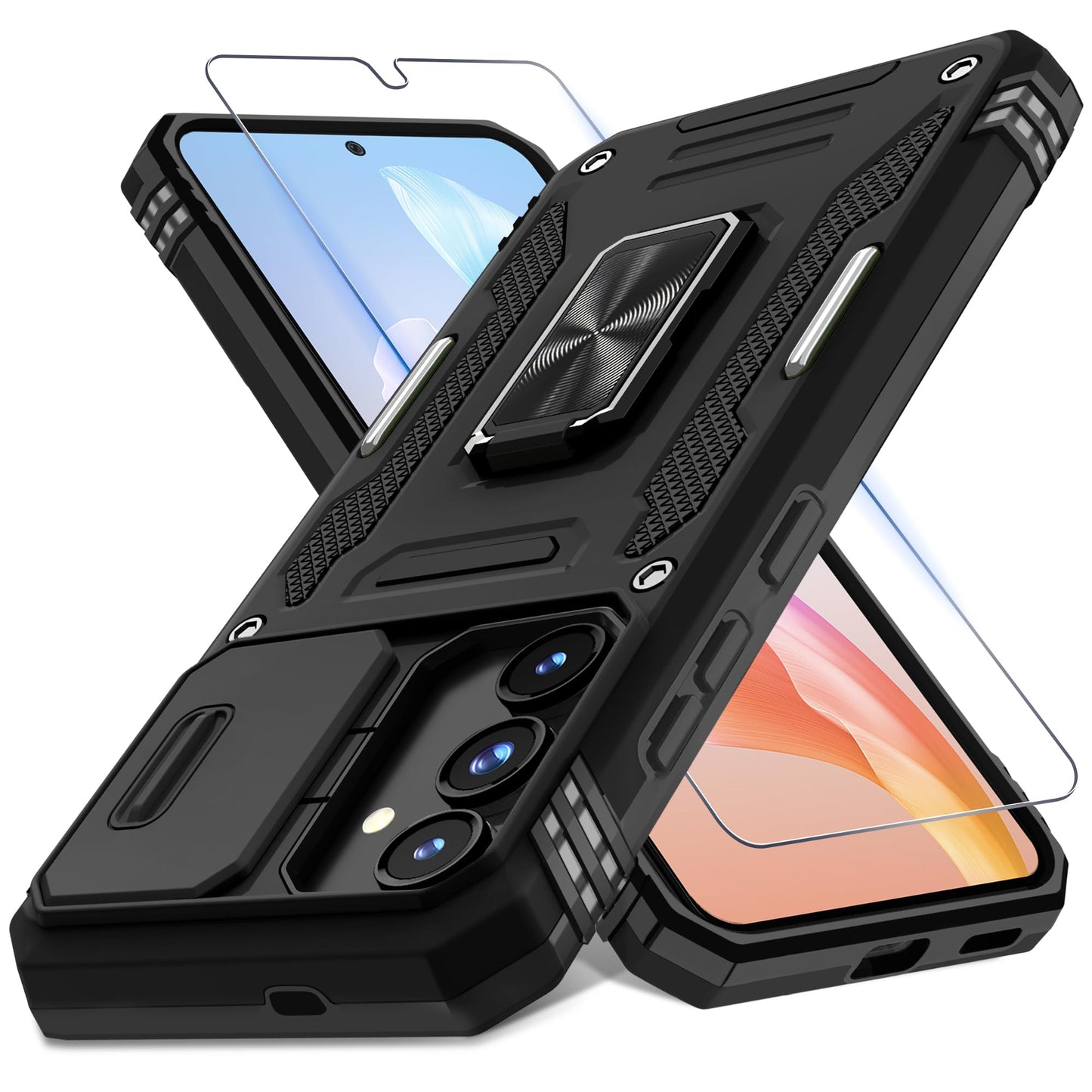 DEERLAMN Case for Samsung Galaxy S23 FE 6.4-Inch with Slide Camera Cover+Screen Protector(1 Pack),Rotated Ring Kickstand Military Grade Shockproof Protective Cover-Black