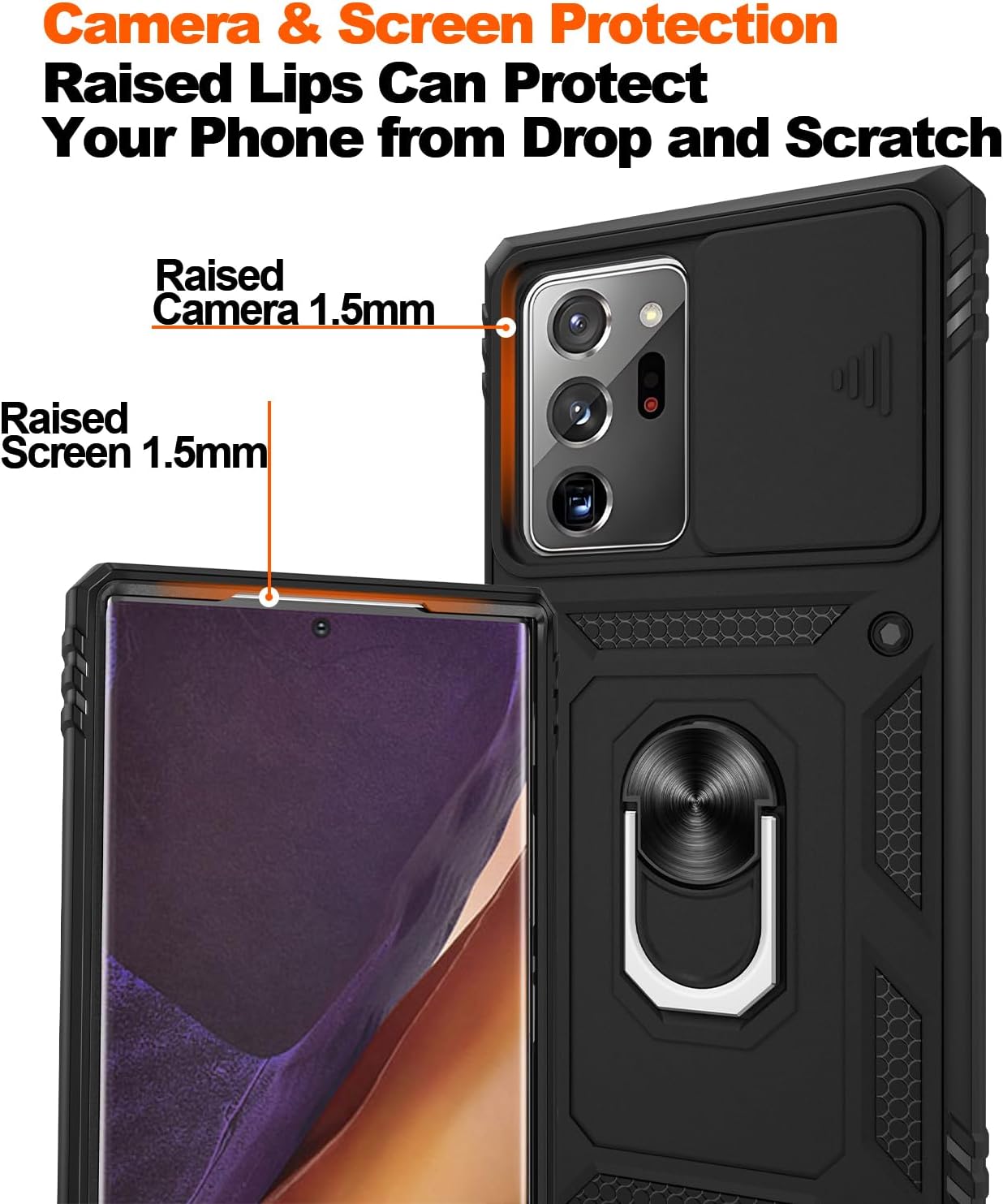 for Samsung Galaxy Note 20 Ultra Case with Screen Protector*2, Note 20 Ultra Phone Case Build in 360° Rotating Ring Kickstand, Military Grade Protective Cover for Note 20 Ultra Phone Black
