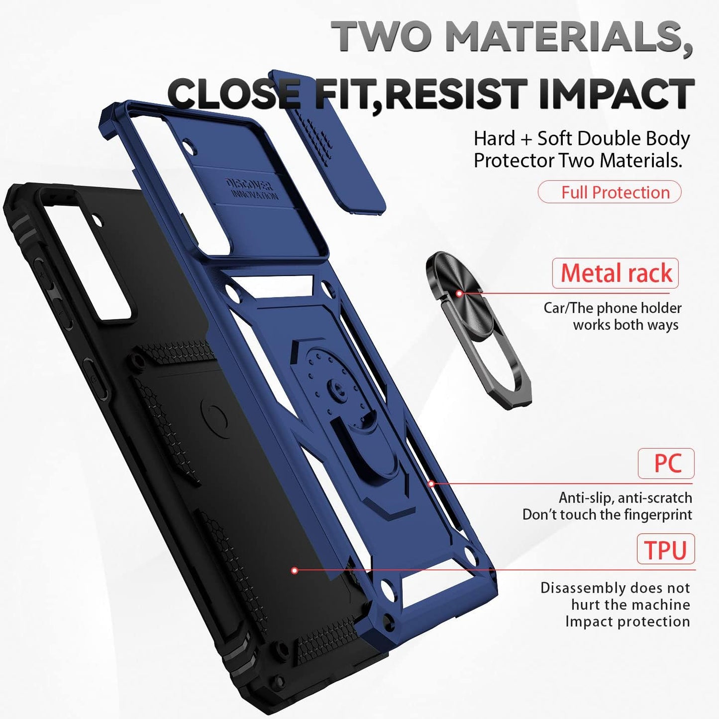 for Samsung Galaxy S21 FE 5G Case with Camera Lens Cover HD Screen Protector, Military-Grade Drop Tested Magnetic Ring Holder Kickstand Protective Phone Case for Samsung Galaxy S21 FE 5G (Navy Blue)