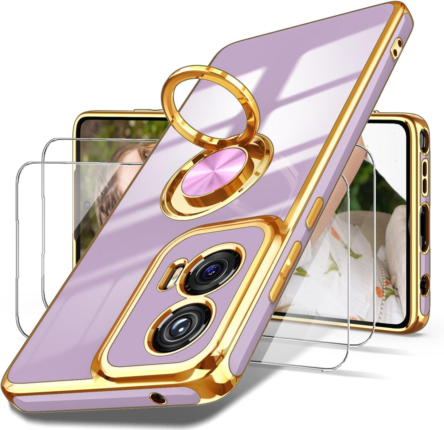 Dretal for Moto G Stylus 5G 2024 Case, 2X Screen Protector, 360° Rotatable Ring Holder Magnetic Kickstand,Plated Gold Edge Slim Soft TPU Protective Cover for Motorola G Stylus 5G (Purple)