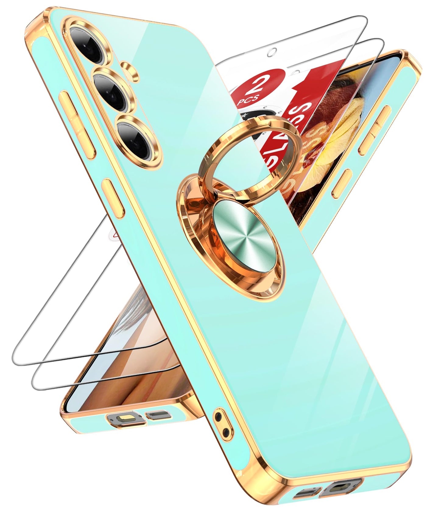 LeYi for Samsung Galaxy S24-FE Case: with 2 Pack Tempered Glass Screen Protector and 360° Rotatable Ring Holder Magnetic Kickstand, Plating Rose Gold Edge Funda para Galaxy S24FE 5G Case, Black