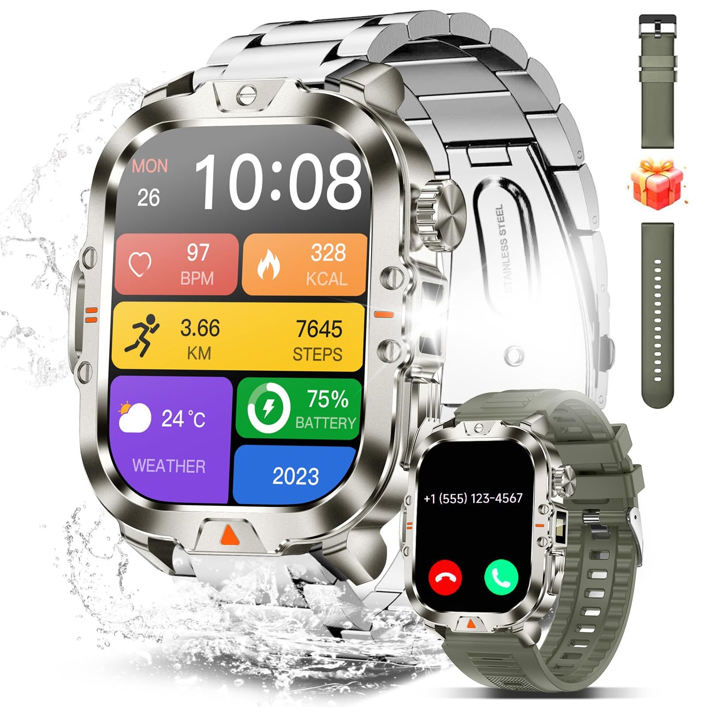 Smart Watch for Men Military Answer/Make Call 2.01″ Display 170+ Sports Modes Fitness Smart Watch IP68 Waterproof 30 Days Standby Smartwatch for Android iOS Black (2 Straps)