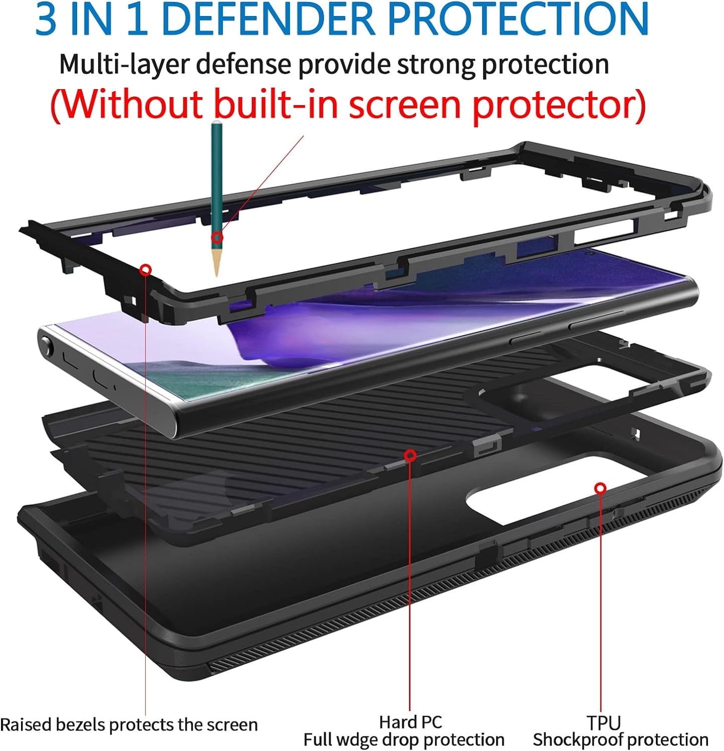 Anloes Case for Samsung Galaxy Note 20 Ultra 5G, Phone Case Heavy Duty Shockproof Dustproof Rugged Defender Protective, 3 in 1 Bumper Cover Black(Without Built-in Screen Protector)