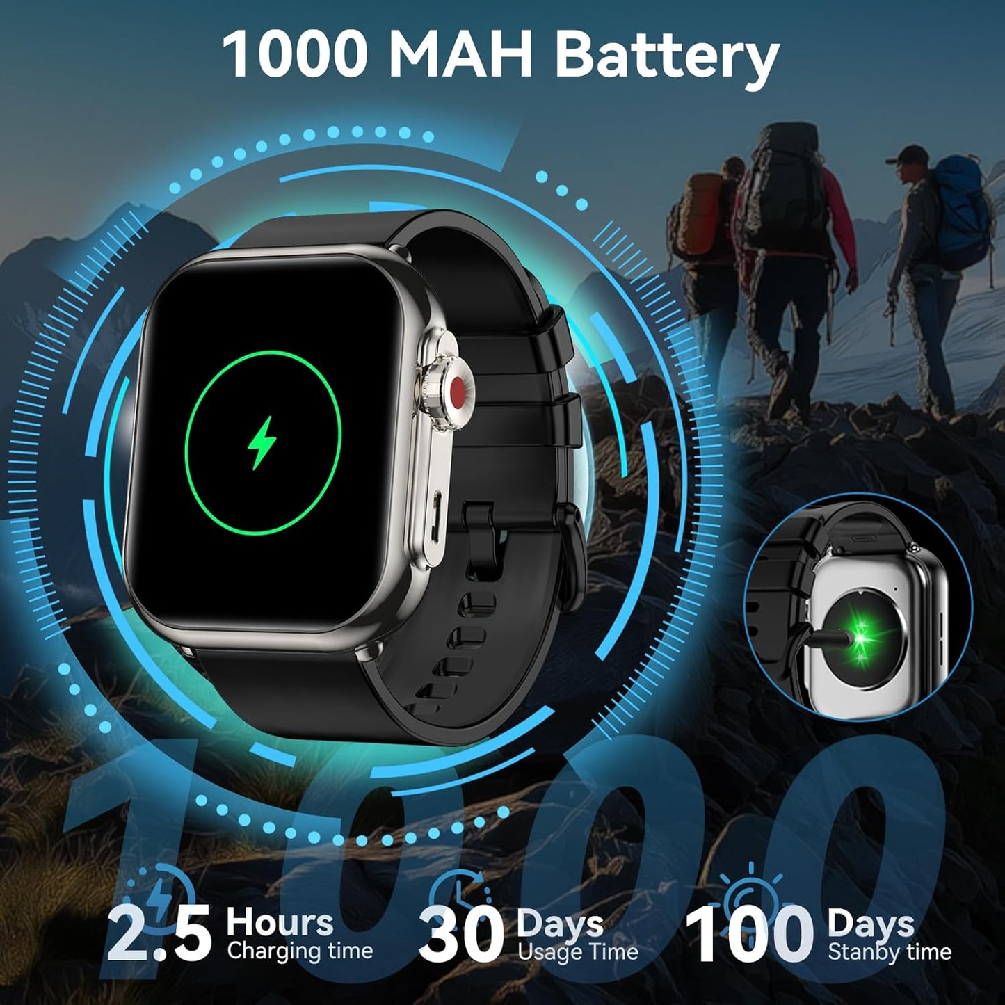 Smart Watch for Men Women, 1000 mAh 100 Day Battery Life, 1.85" Fitness Tracker Bluetooth Call/Make Calls, IP68 Waterproof, 120+ Sport Modes, 24/7 Heart Rate/Sleep Monitor Fitness Watch, iOS/Android