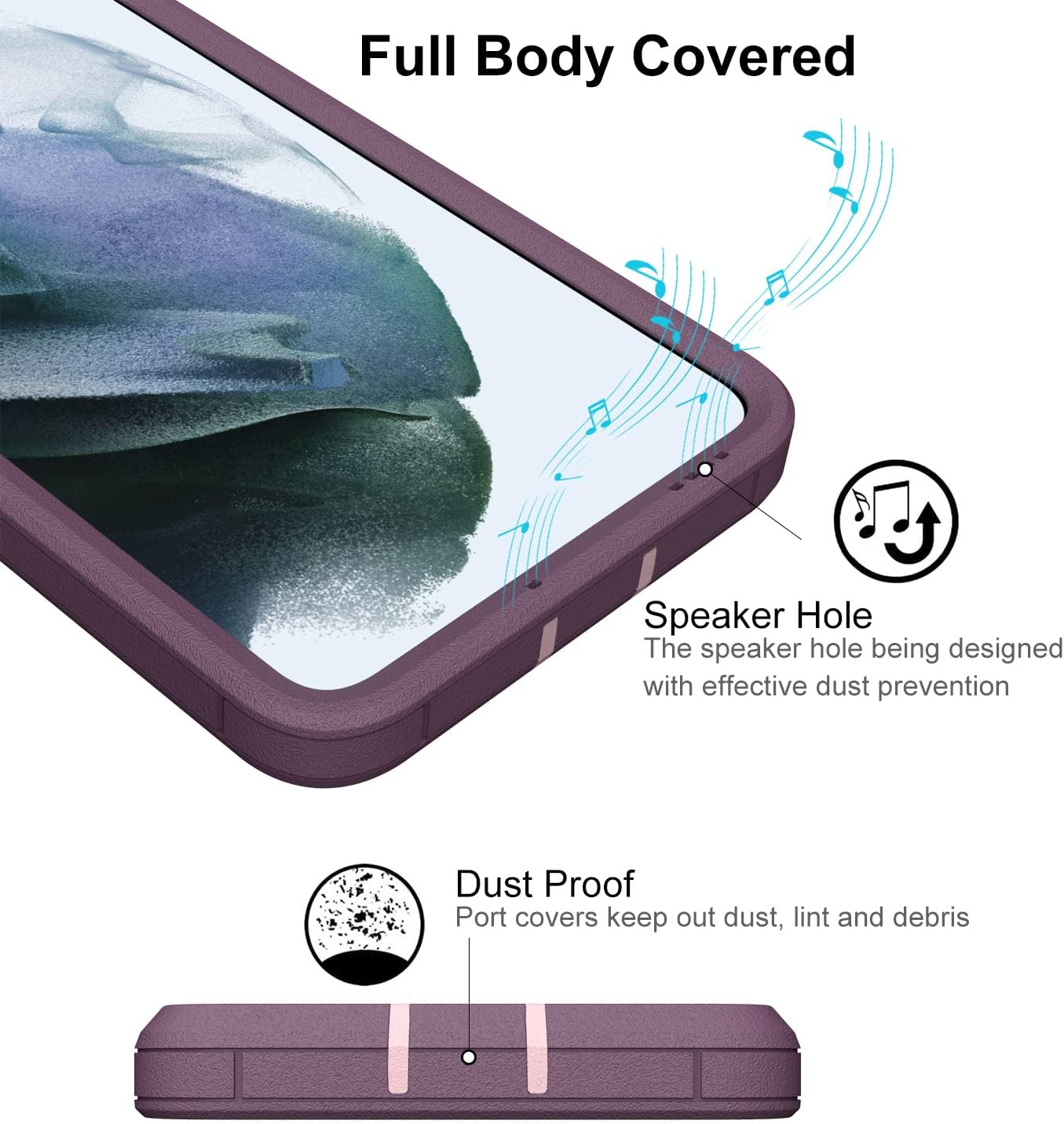 Dahkoiz for Samsung Galaxy S21 FE 5G Case, and Glass Screen Protector, Dust Proof Port Cover, Full Body Protection Durable Rubber Cover Phone Case, Purple