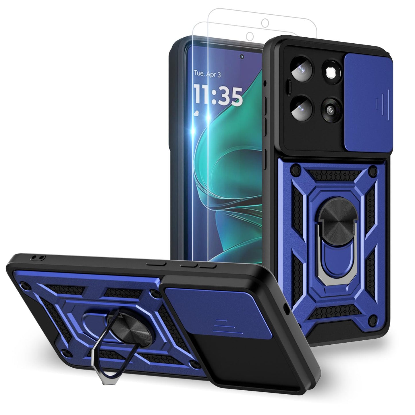 for Moto G 2025 Case:Moto G 2025 Phone Case with 2PC Screen Protector,Sliding Camera Cover and Multi Angle Stand for Moto G 5G 2025 Case,Blue