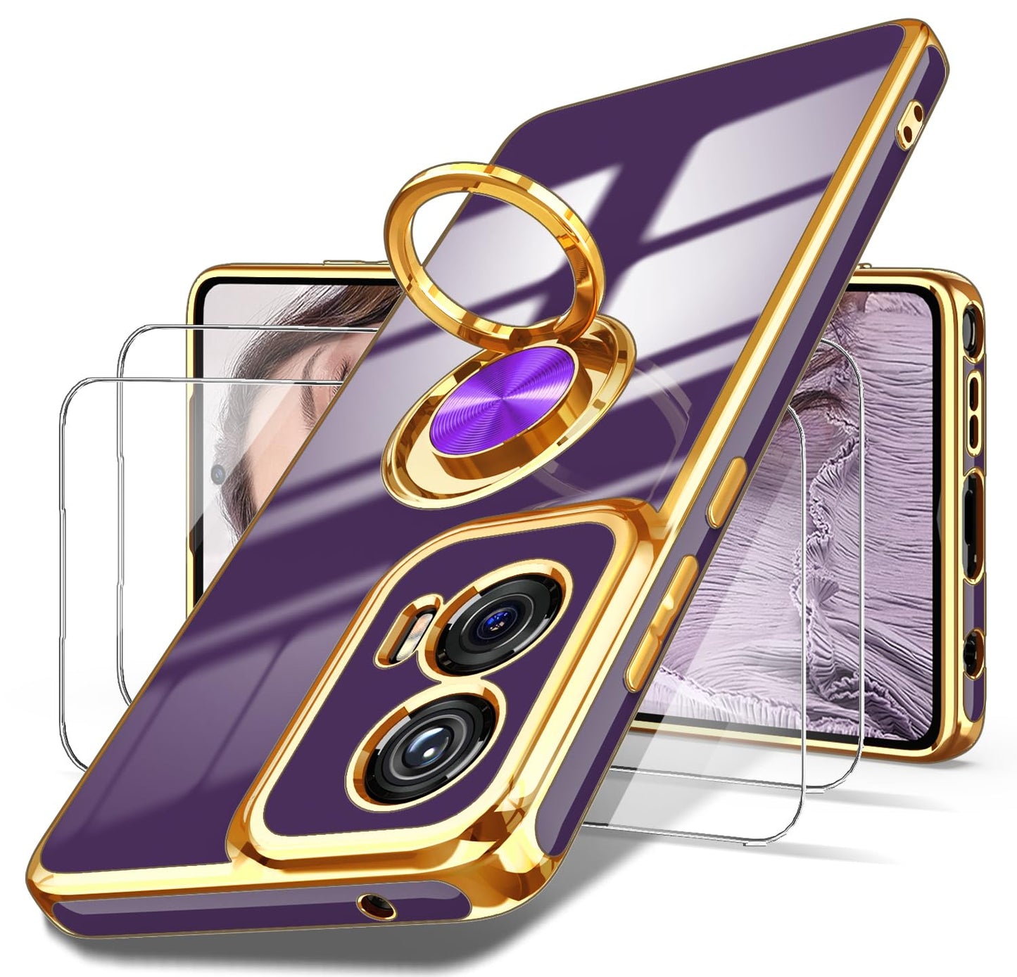 Dretal for Moto G Stylus 5G 2024 Case, 2X Screen Protector, 360° Rotatable Ring Holder Magnetic Kickstand,Plated Gold Edge Slim Soft TPU Protective Cover for Motorola G Stylus 5G (Purple)