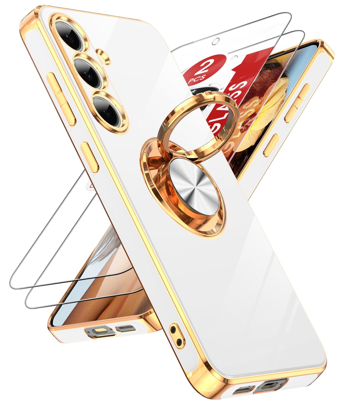 LeYi for Samsung Galaxy S24-FE Case: with 2 Pack Tempered Glass Screen Protector and 360° Rotatable Ring Holder Magnetic Kickstand, Plating Rose Gold Edge Funda para Galaxy S24FE 5G Case, Black