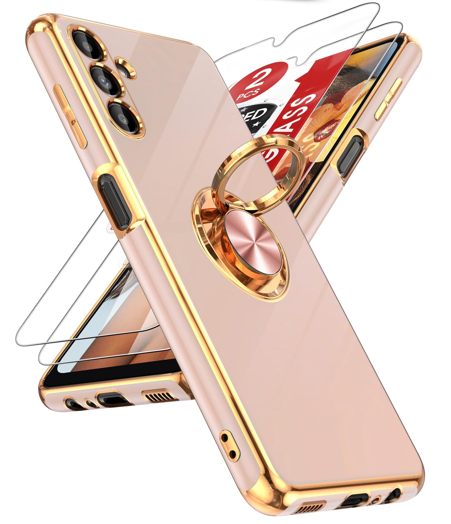 LeYi for Samsung Galaxy A13-5G Phone Case: Tempered Glass Screen Protector, 360° Rotatable Ring Holder Magnetic Kickstand, Plating Rose Gold Edge Protective Case, Black