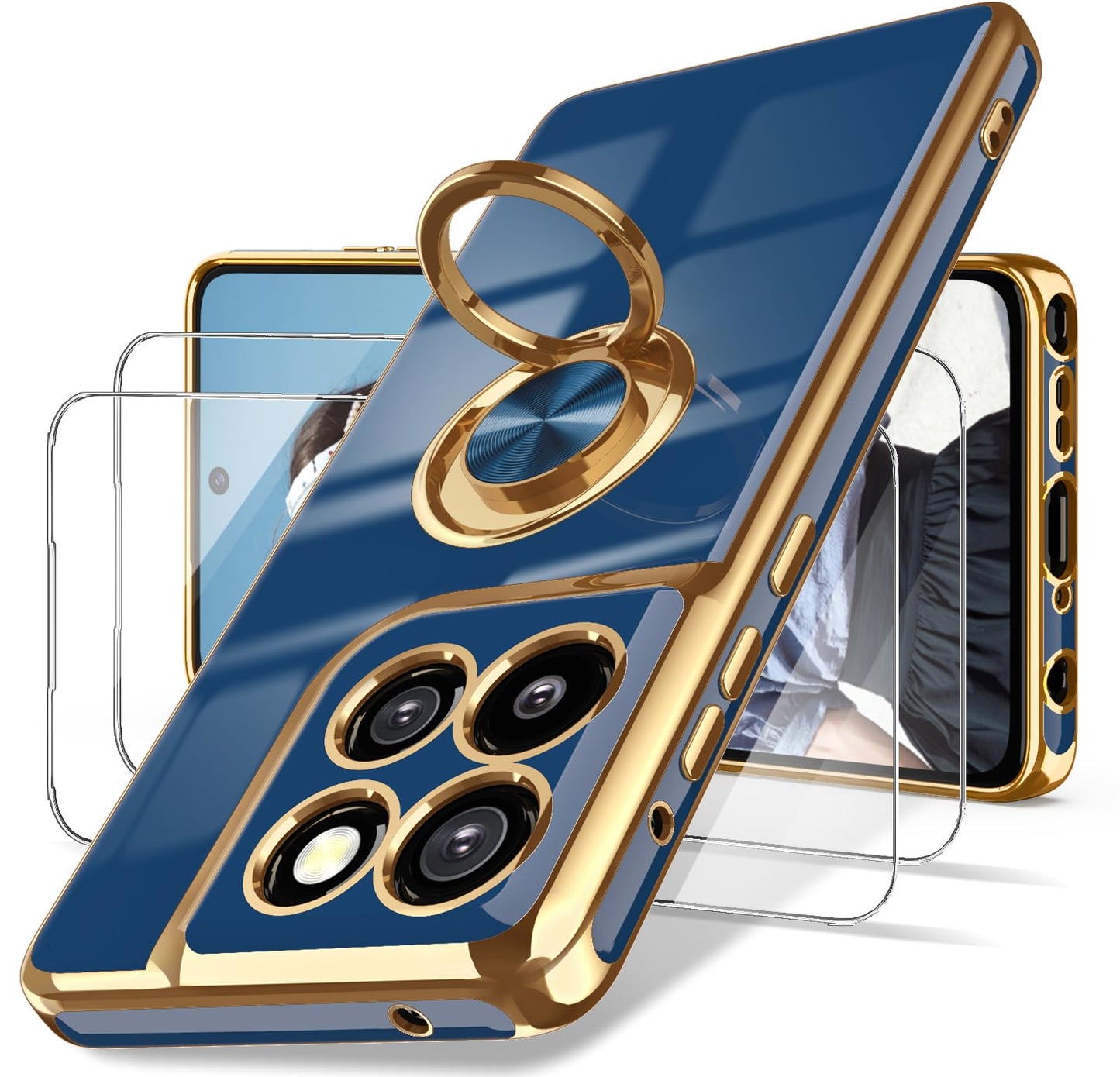 Dretal for Moto G Stylus 5G 2024 Case, 2X Screen Protector, 360° Rotatable Ring Holder Magnetic Kickstand,Plated Gold Edge Slim Soft TPU Protective Cover for Motorola G Stylus 5G (Purple)