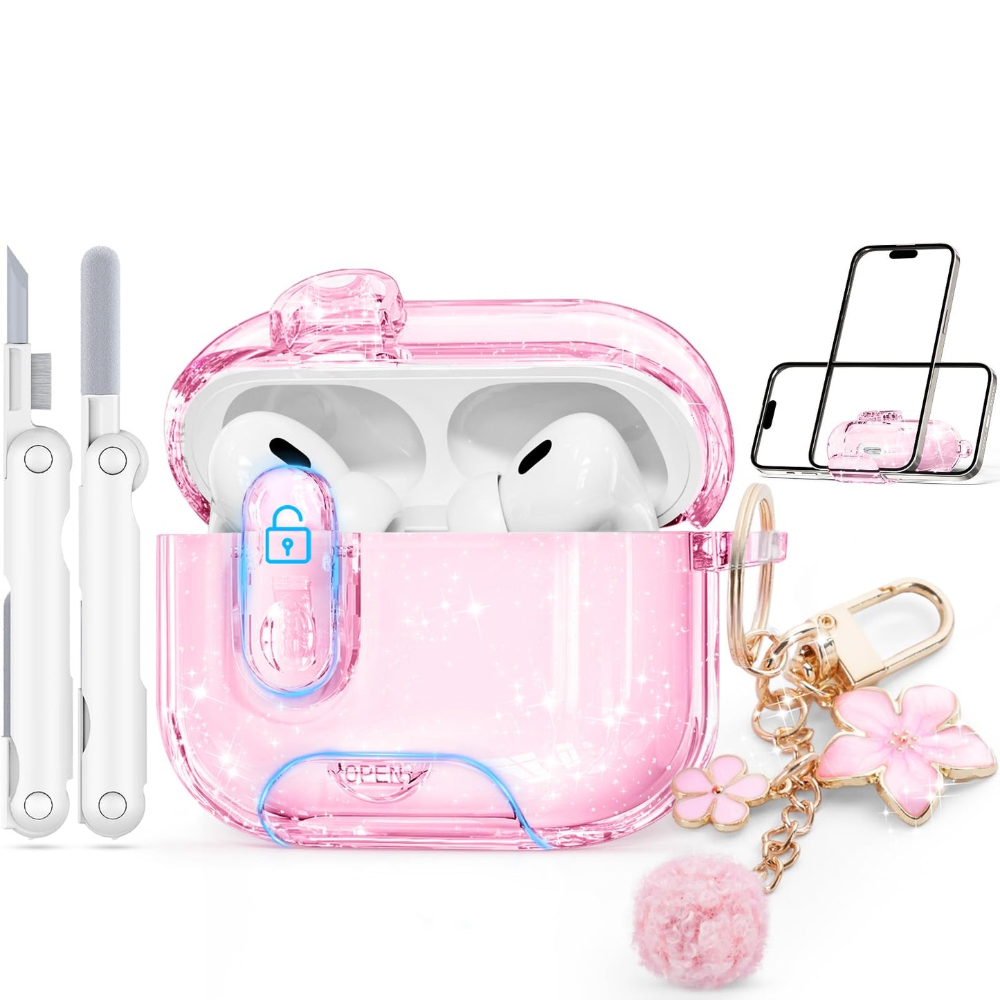 with Safety Lock for AirPods Pro 3 Case 2025,Clear Cases with Phone Stand & Cleaning Kit,Soft TPU Cover for Airpods Pro 3rd Generation Case,Cute Bling Keychain for Women Girls-Glitter Pink
