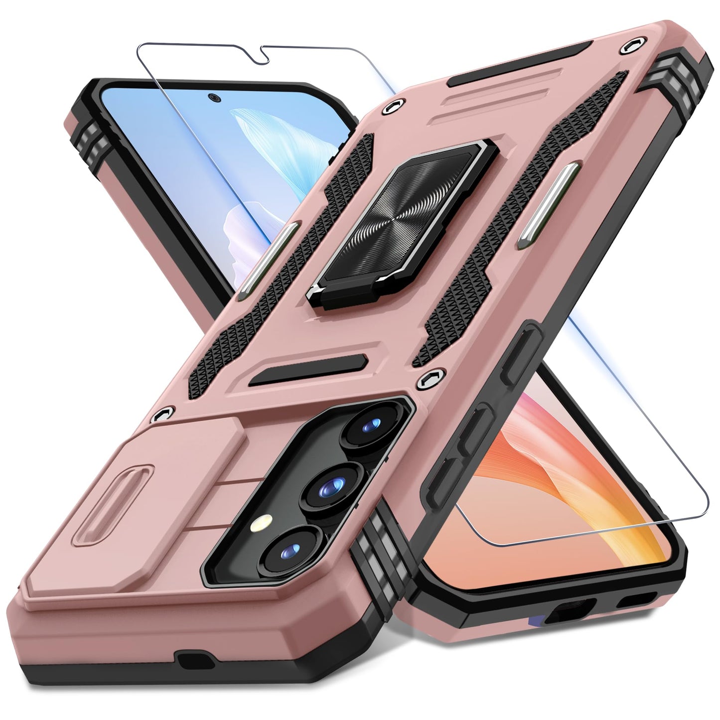 DEERLAMN Case for Samsung Galaxy S24+ Plus with Slide Camera Cover+Screen Protector (1 Pack), Rotated Ring Kickstand Military Grade Shockproof Protective Cover-Black