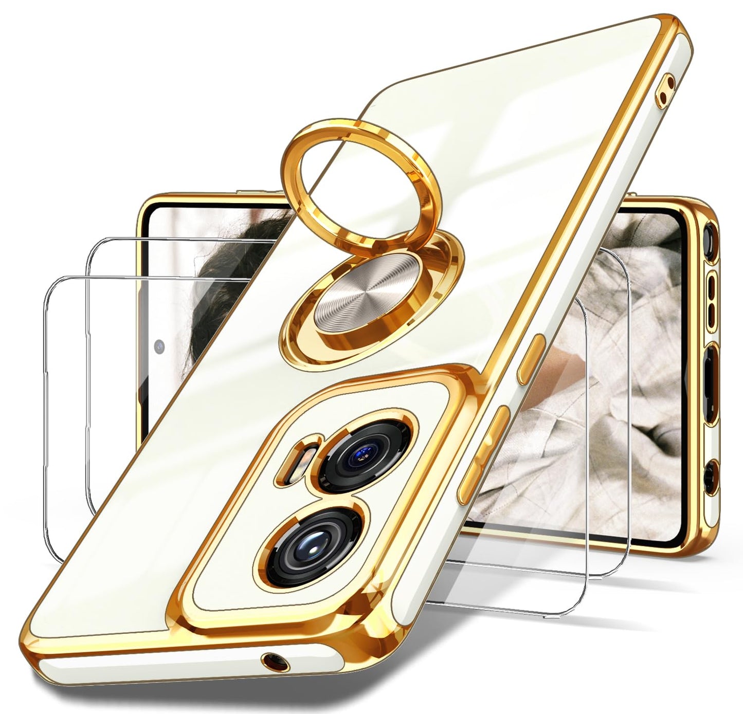 Dretal for Moto G Stylus 5G 2024 Case, 2X Screen Protector, 360° Rotatable Ring Holder Magnetic Kickstand,Plated Gold Edge Slim Soft TPU Protective Cover for Motorola G Stylus 5G (Purple)