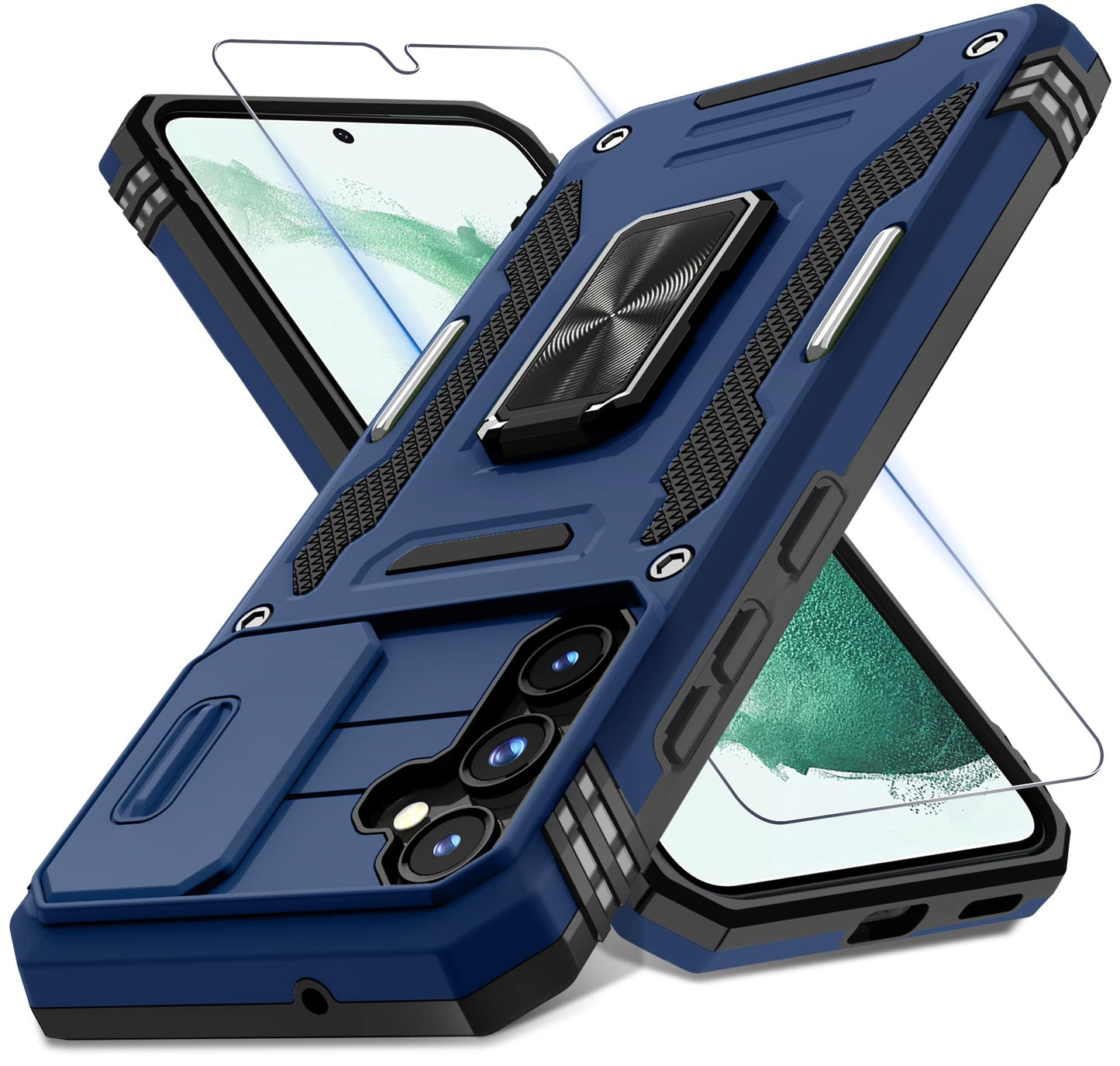 DEERLAMN Case for Samsung Galaxy S23 FE 6.4-Inch with Slide Camera Cover+Screen Protector(1 Pack),Rotated Ring Kickstand Military Grade Shockproof Protective Cover-Black