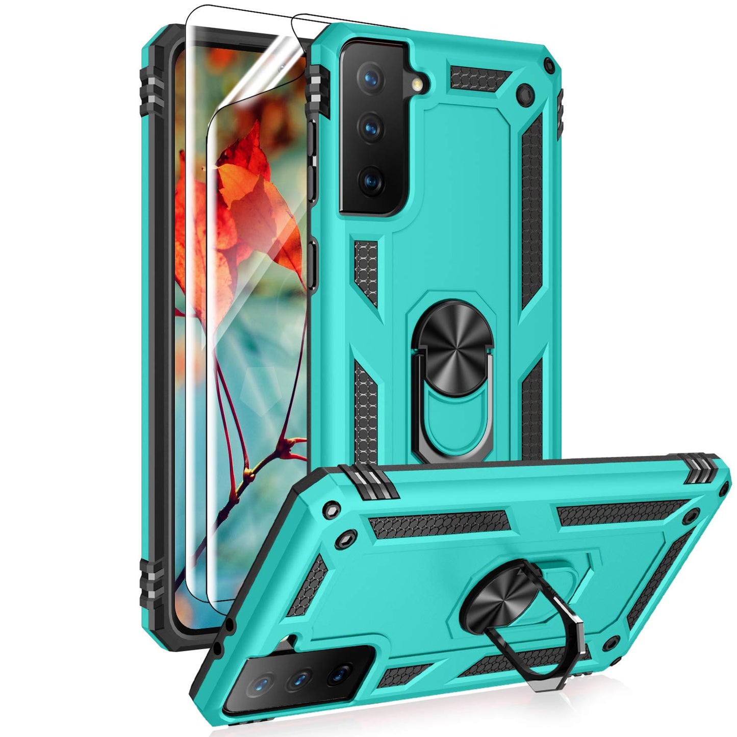 Androgate Case Cover Case for Samsung Galaxy S21 5G Black | with HD Screen Protectors, Military-Grade, Metal Ring Holder, Kickstand, 15ft Drop Tested, Shockproof