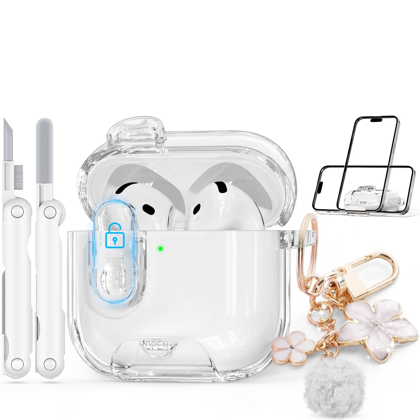 with Safety Lock for AirPods Pro 3 Case 2025,Clear Cases with Phone Stand & Cleaning Kit,Soft TPU Cover for Airpods Pro 3rd Generation Case,Cute Bling Keychain for Women Girls-Glitter Pink
