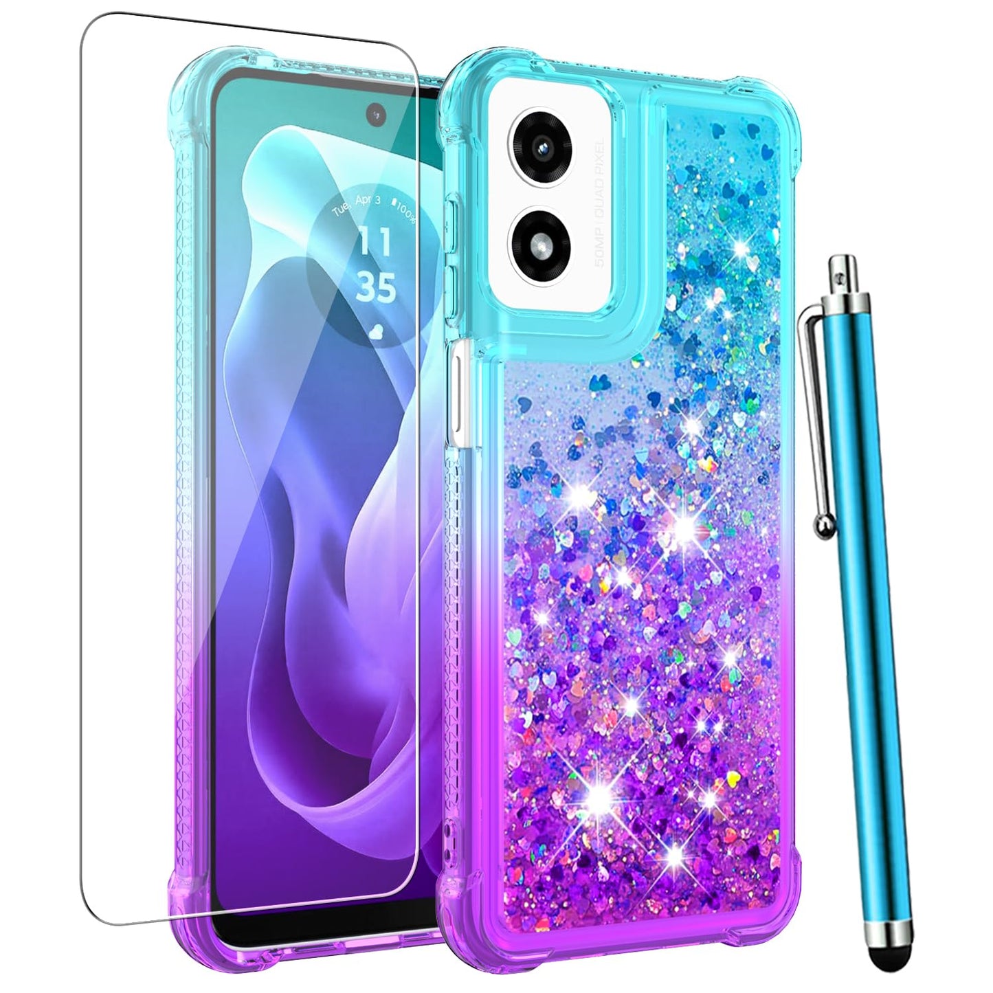 for Moto G Play 2024 Case with Screen Protector, Cute Women Girls Glitter Bling Liquid Floating Phone Case Slim TPU Soft Silicone Shockproof Girly Cover for Motorola G Play 2024 -Pink Purple