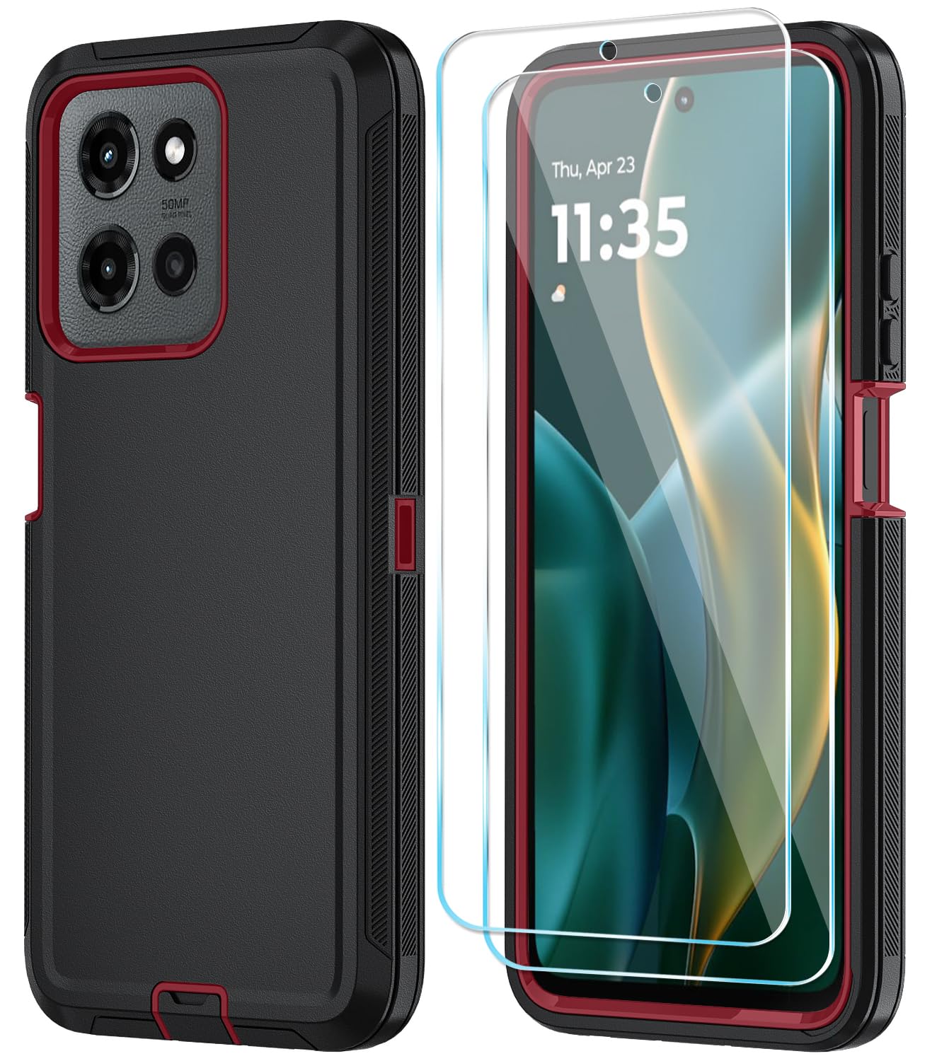 Qinmay Phone Case for Motorola Moto G 5G 2025/Moto G Play 5G 2025 Case with HD Screen Protector, Heavy Duty Shockproof & Dropproof 3-Layer Cover Phone Case,WineRedPink
