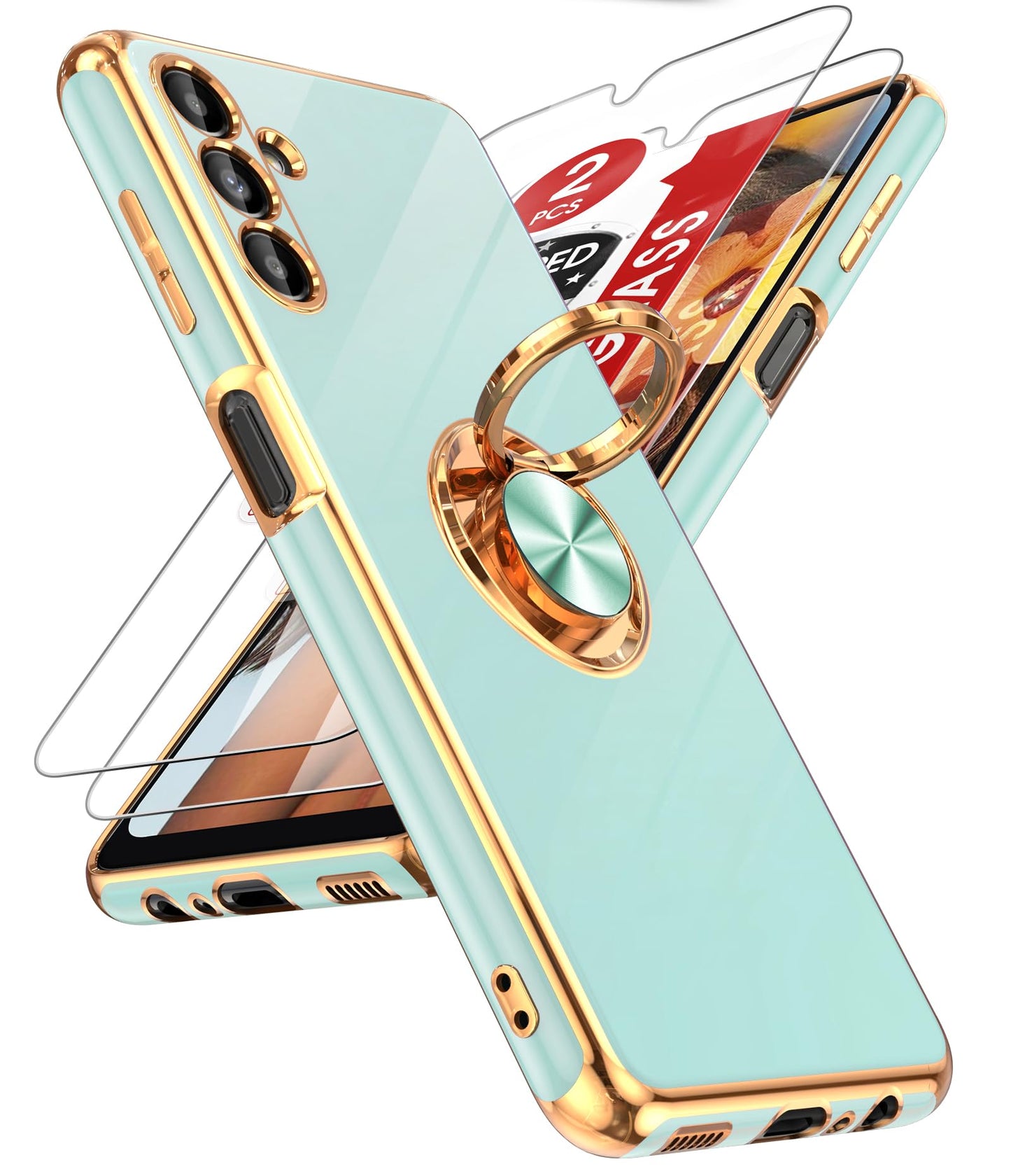 LeYi for Samsung Galaxy A13-5G Phone Case: Tempered Glass Screen Protector, 360° Rotatable Ring Holder Magnetic Kickstand, Plating Rose Gold Edge Protective Case, Black