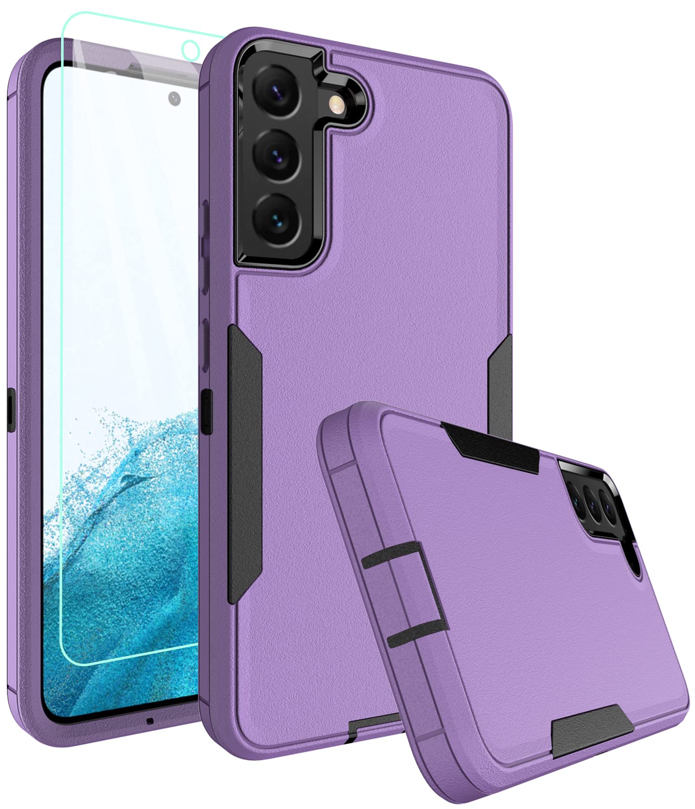 Dahkoiz for Samsung Galaxy S21 FE 5G Case, and Glass Screen Protector, Dust Proof Port Cover, Full Body Protection Durable Rubber Cover Phone Case, Purple