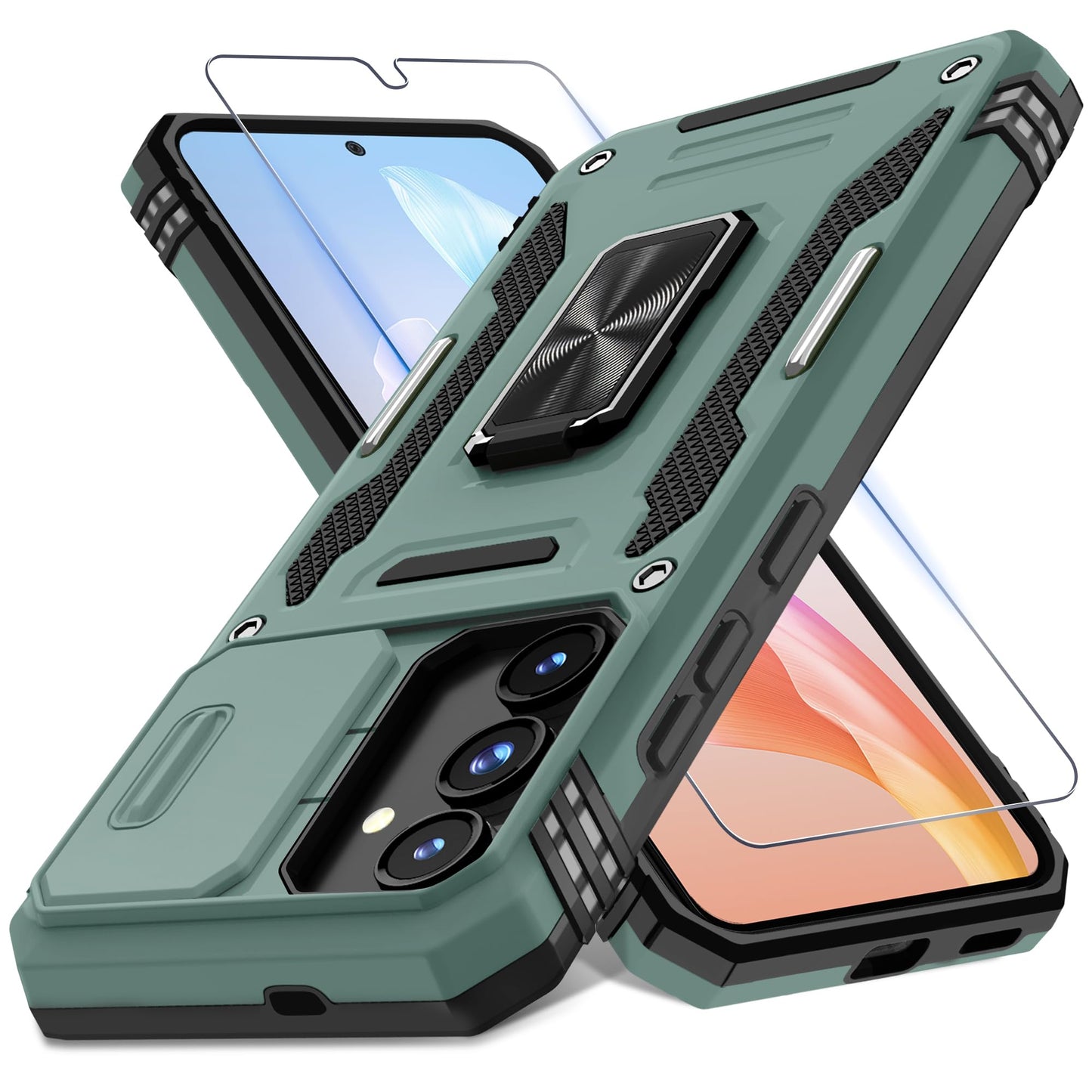 DEERLAMN Case for Samsung Galaxy S23 FE 6.4-Inch with Slide Camera Cover+Screen Protector(1 Pack),Rotated Ring Kickstand Military Grade Shockproof Protective Cover-Black