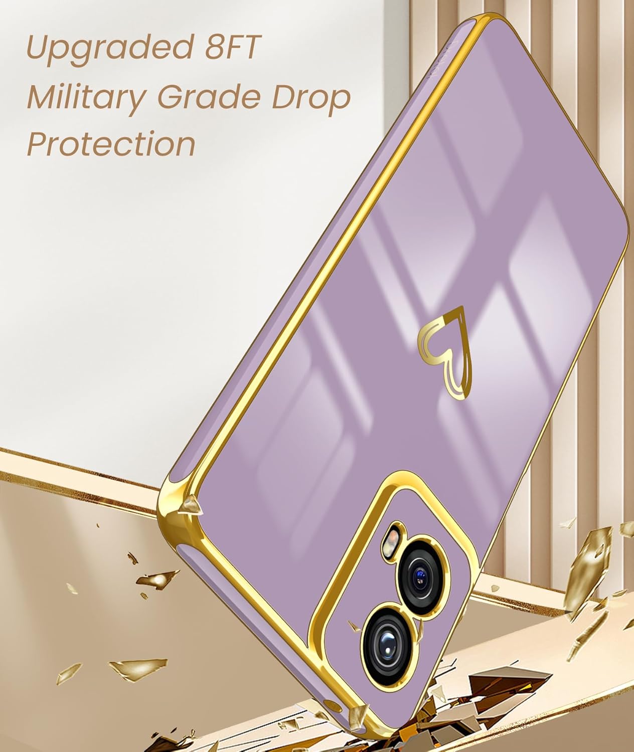 Dretal for Motoro Moto G 5G 2024 Case with 2X Screen Protector, Girl Women Cute Girly Love-Heart Luxury Gold Soft Camera Protection Bumper Shockproof Case for Moto G 2024 (Purple