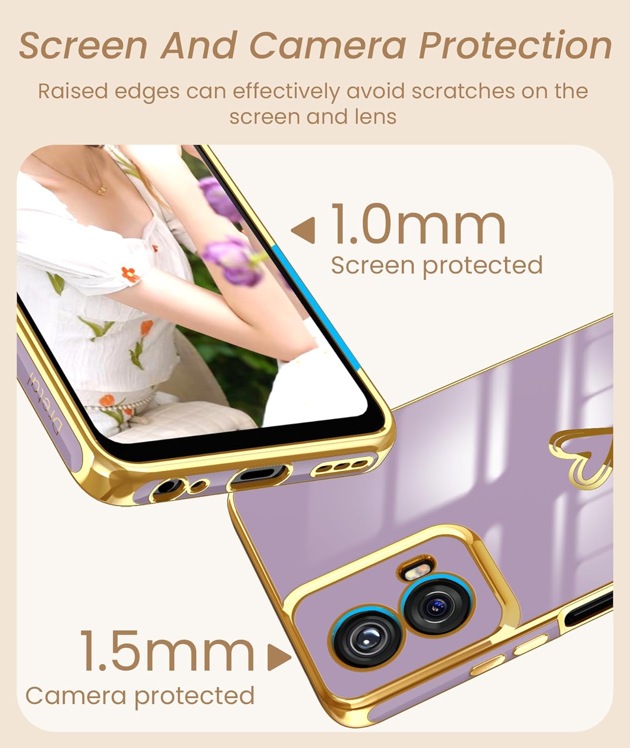 Dretal for Motoro Moto G 5G 2024 Case with 2X Screen Protector, Girl Women Cute Girly Love-Heart Luxury Gold Soft Camera Protection Bumper Shockproof Case for Moto G 2024 (Purple