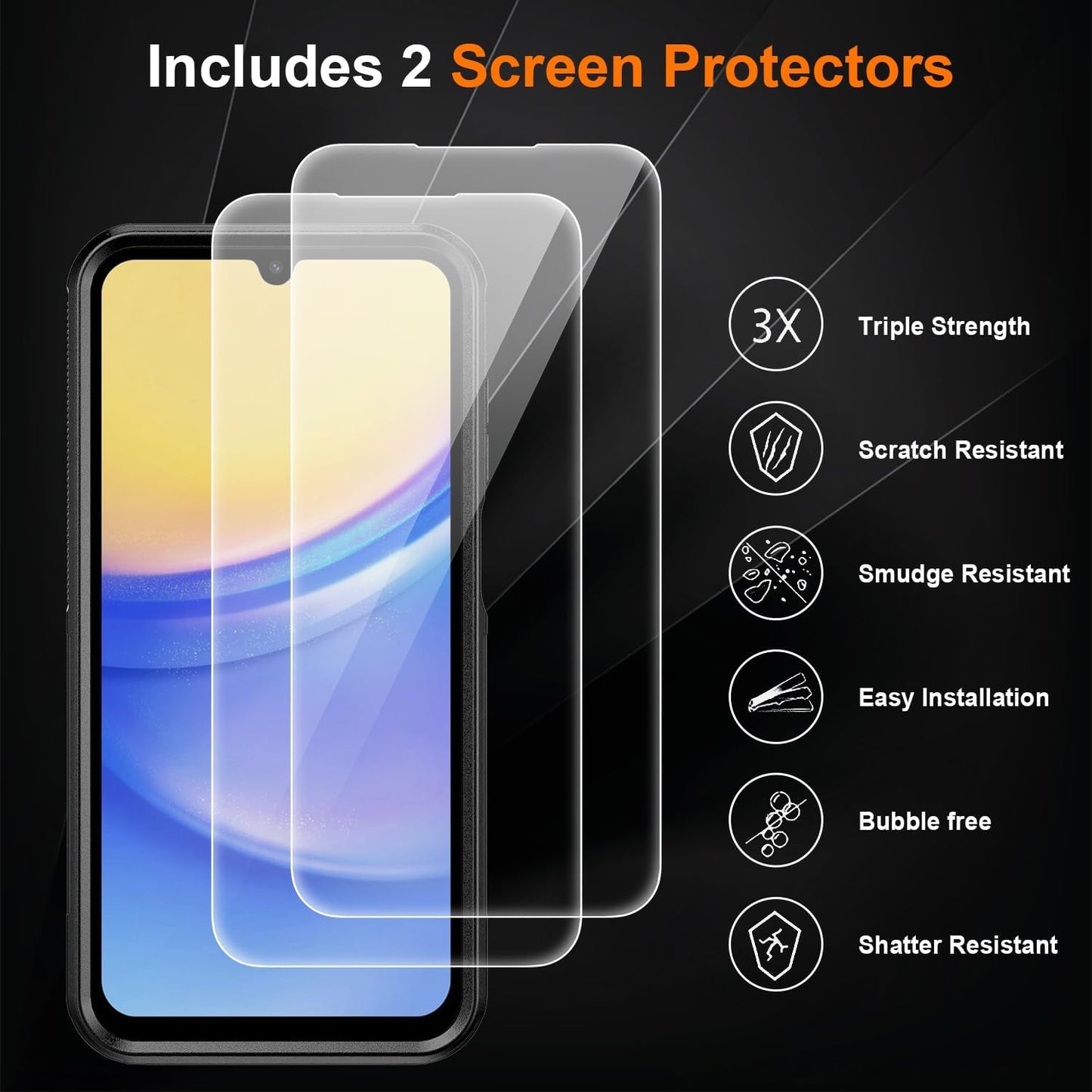 Ezanmull Phone Case for Samsung Galaxy A15 5G Black | 15 FT Military Grade Drop Protection, Glass Screen Protector, Camera Lens Protector, Non-Slip, Shockproof Case