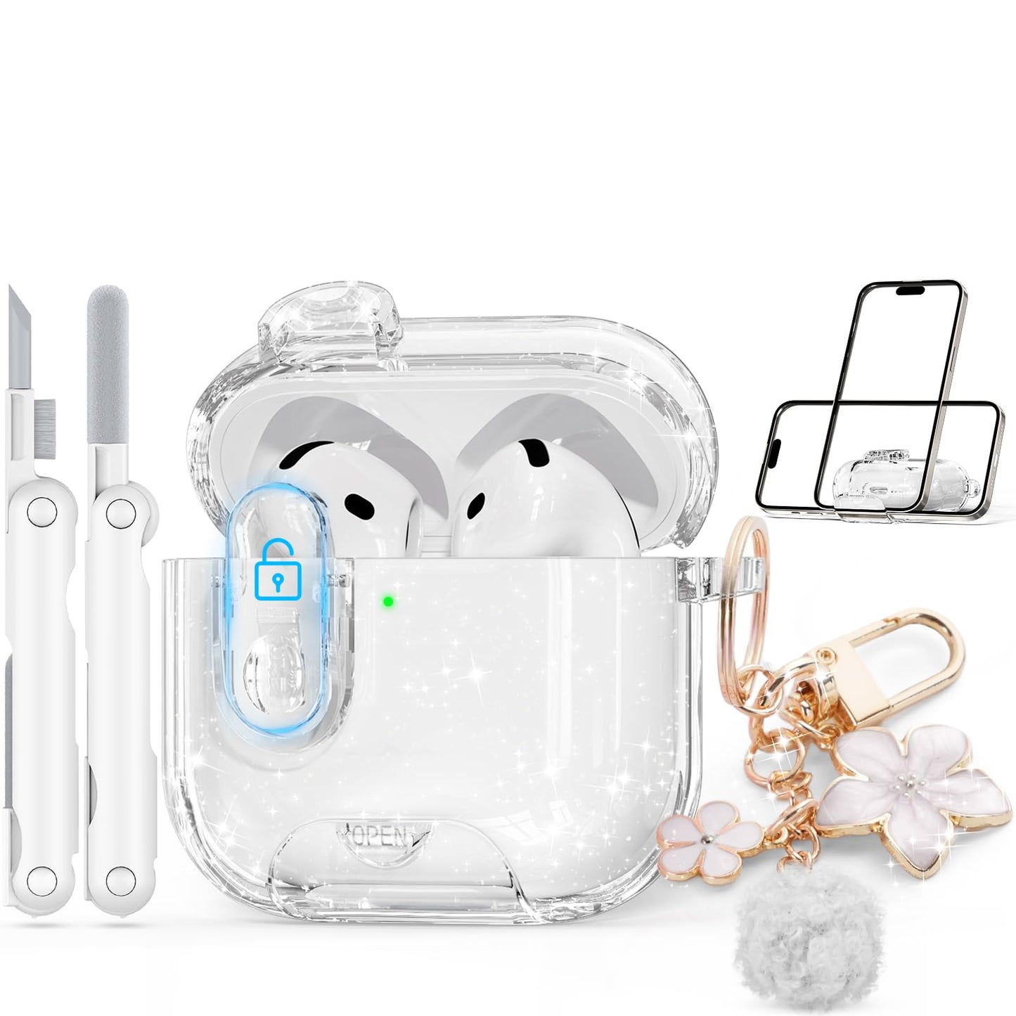 with Safety Lock for AirPods Pro 3 Case 2025,Clear Cases with Phone Stand & Cleaning Kit,Soft TPU Cover for Airpods Pro 3rd Generation Case,Cute Bling Keychain for Women Girls-Glitter Pink