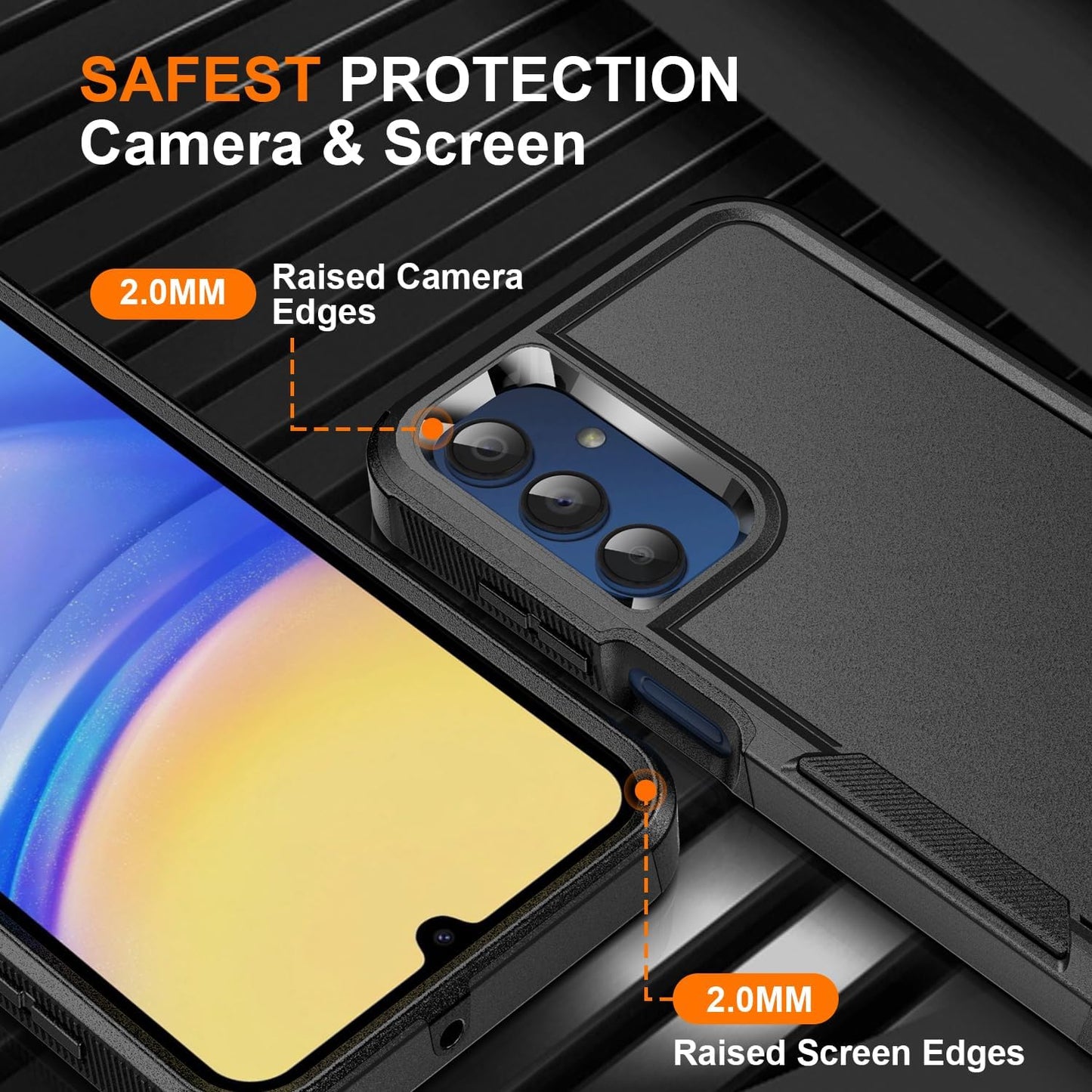 Ezanmull Phone Case for Samsung Galaxy A15 5G Black | 15 FT Military Grade Drop Protection, Glass Screen Protector, Camera Lens Protector, Non-Slip, Shockproof Case
