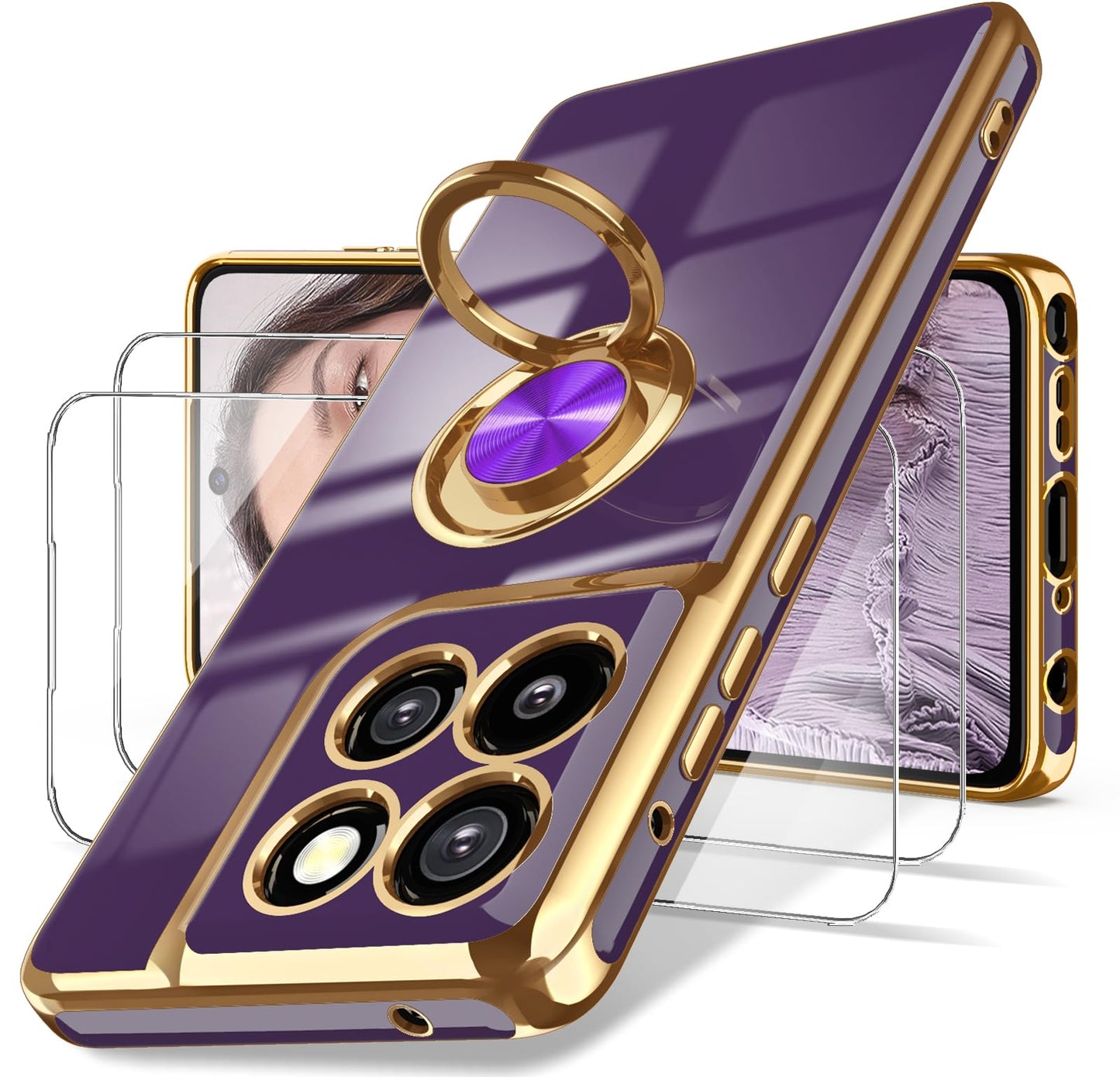 Dretal for Moto G Stylus 5G 2024 Case, 2X Screen Protector, 360° Rotatable Ring Holder Magnetic Kickstand,Plated Gold Edge Slim Soft TPU Protective Cover for Motorola G Stylus 5G (Purple)