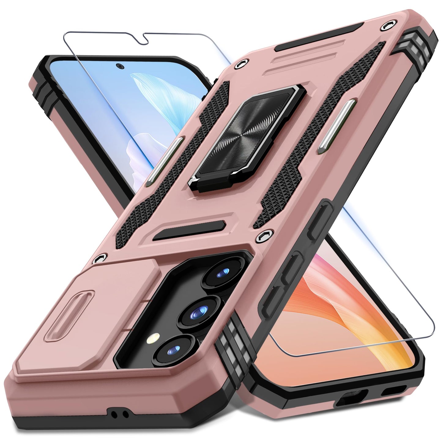 DEERLAMN Case for Samsung Galaxy S23 FE 6.4-Inch with Slide Camera Cover+Screen Protector(1 Pack),Rotated Ring Kickstand Military Grade Shockproof Protective Cover-Black