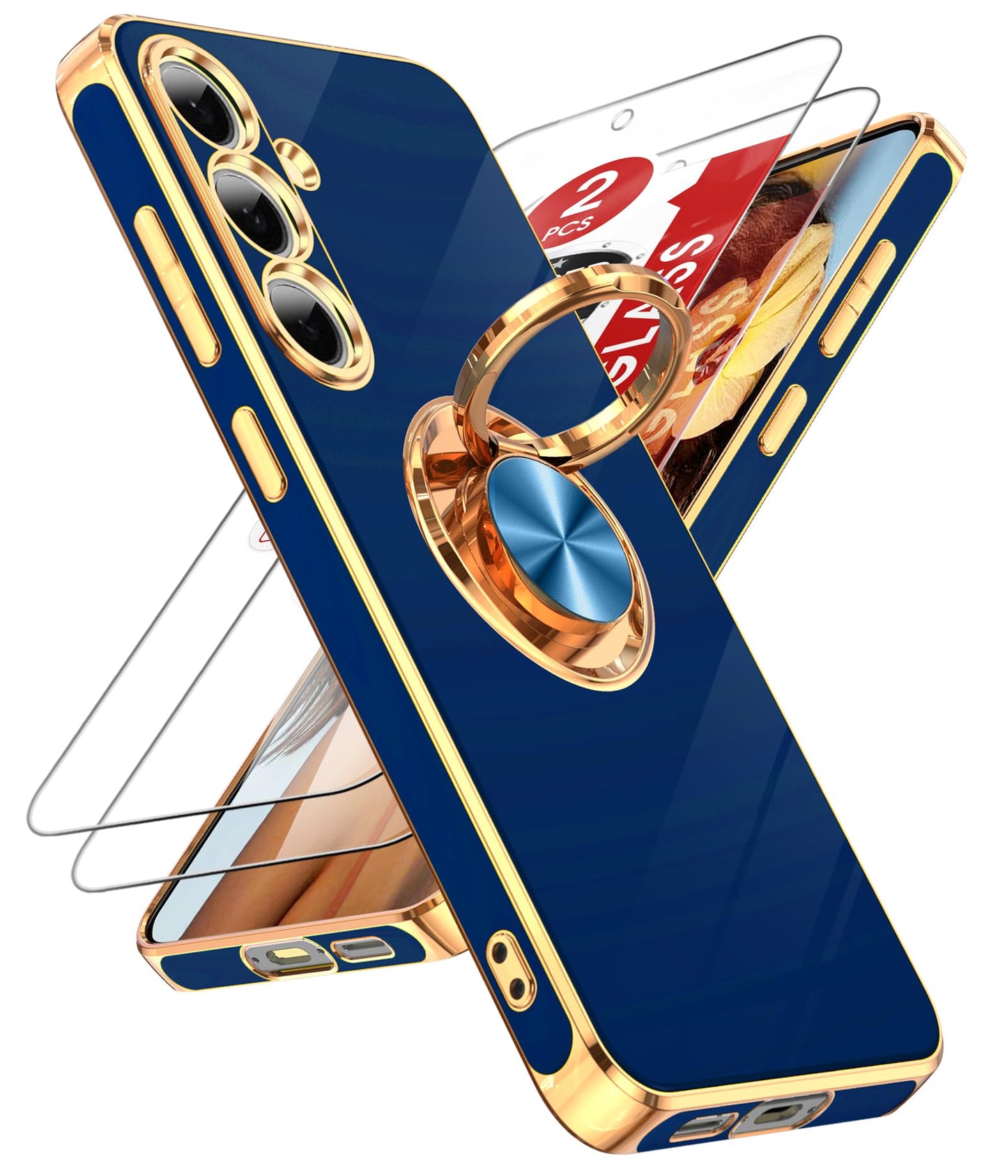 LeYi for Samsung Galaxy S24-FE Case: with 2 Pack Tempered Glass Screen Protector and 360° Rotatable Ring Holder Magnetic Kickstand, Plating Rose Gold Edge Funda para Galaxy S24FE 5G Case, Black