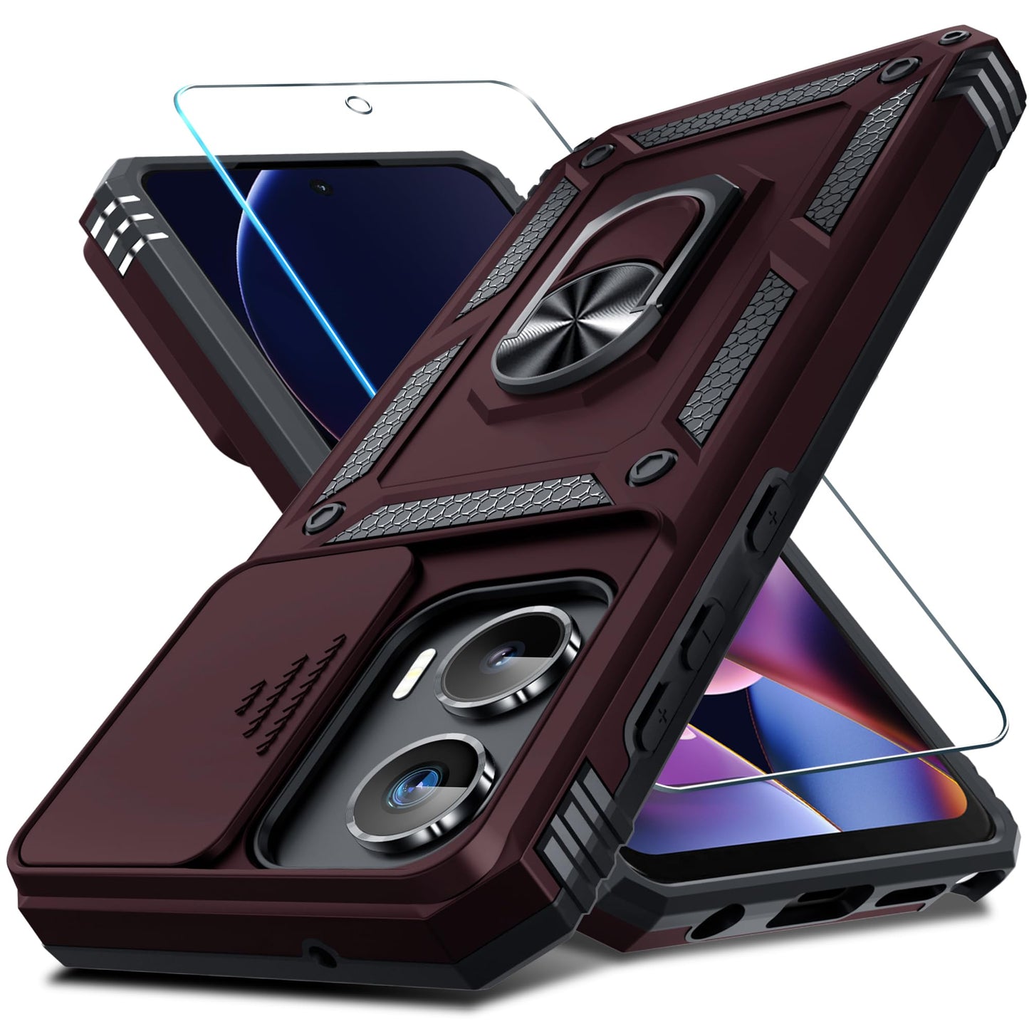 Janmitta Compatible with Moto G Stylus 5G 2024 Case Built in Slide Camera Lens Cover+Screen Protector+Finger Ring Holder Kickstand,Heavy Duty Shockproof Full Body Protective Phone Cover,Black